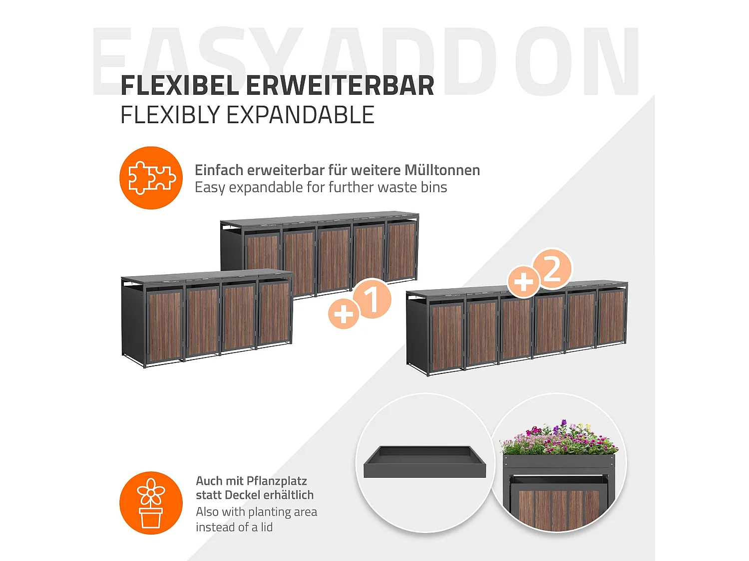 ML-Design Copribidone per spazzatura 4 bidoni 240L acciaio antracite rovere scuro, porta e tetto a ribalta, pattumiera esterno resistente intemperie