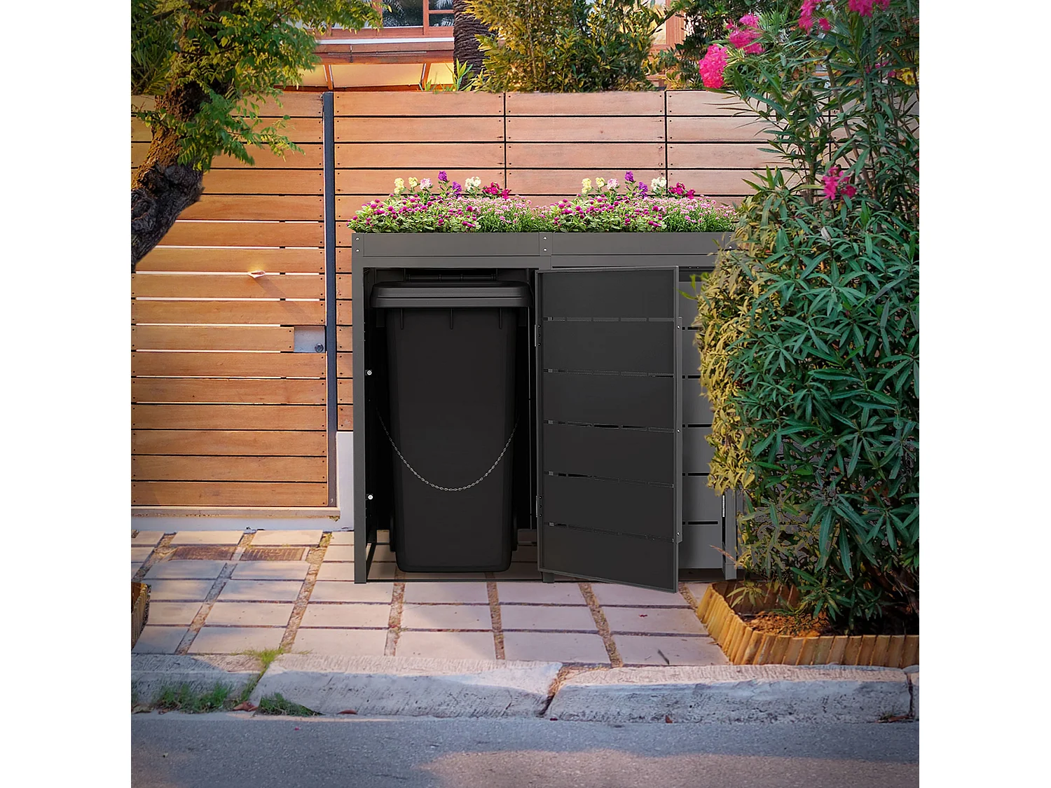 ML-Design Copribidone spazzatura per 4 bidoni 240L acciaio antracite con porta e tetto a fioriera, pattumiera da esterno resistente alle intemperie