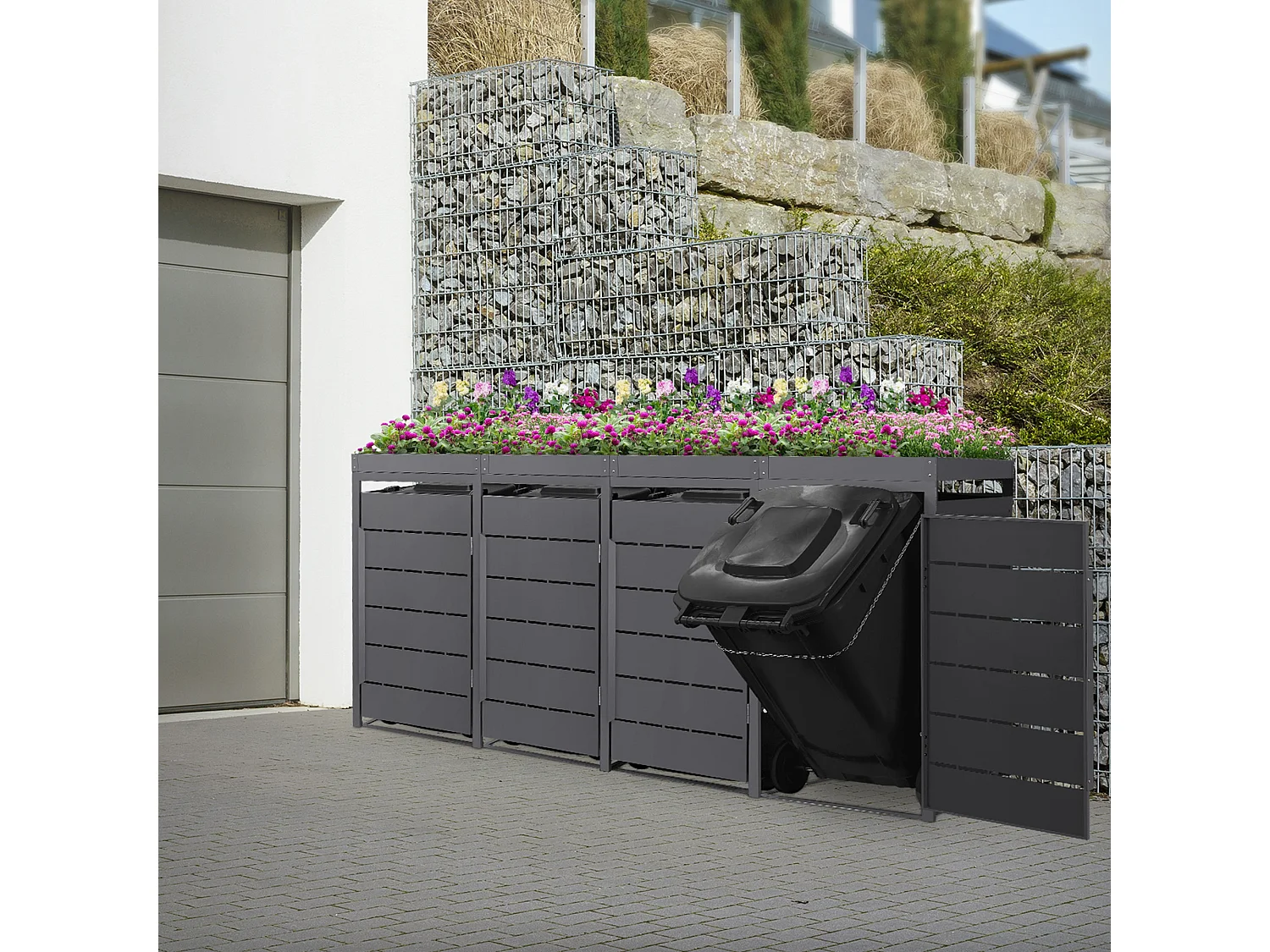 ML-Design Copribidone spazzatura per 4 bidoni 240L acciaio antracite con porta e tetto a fioriera, pattumiera da esterno resistente alle intemperie