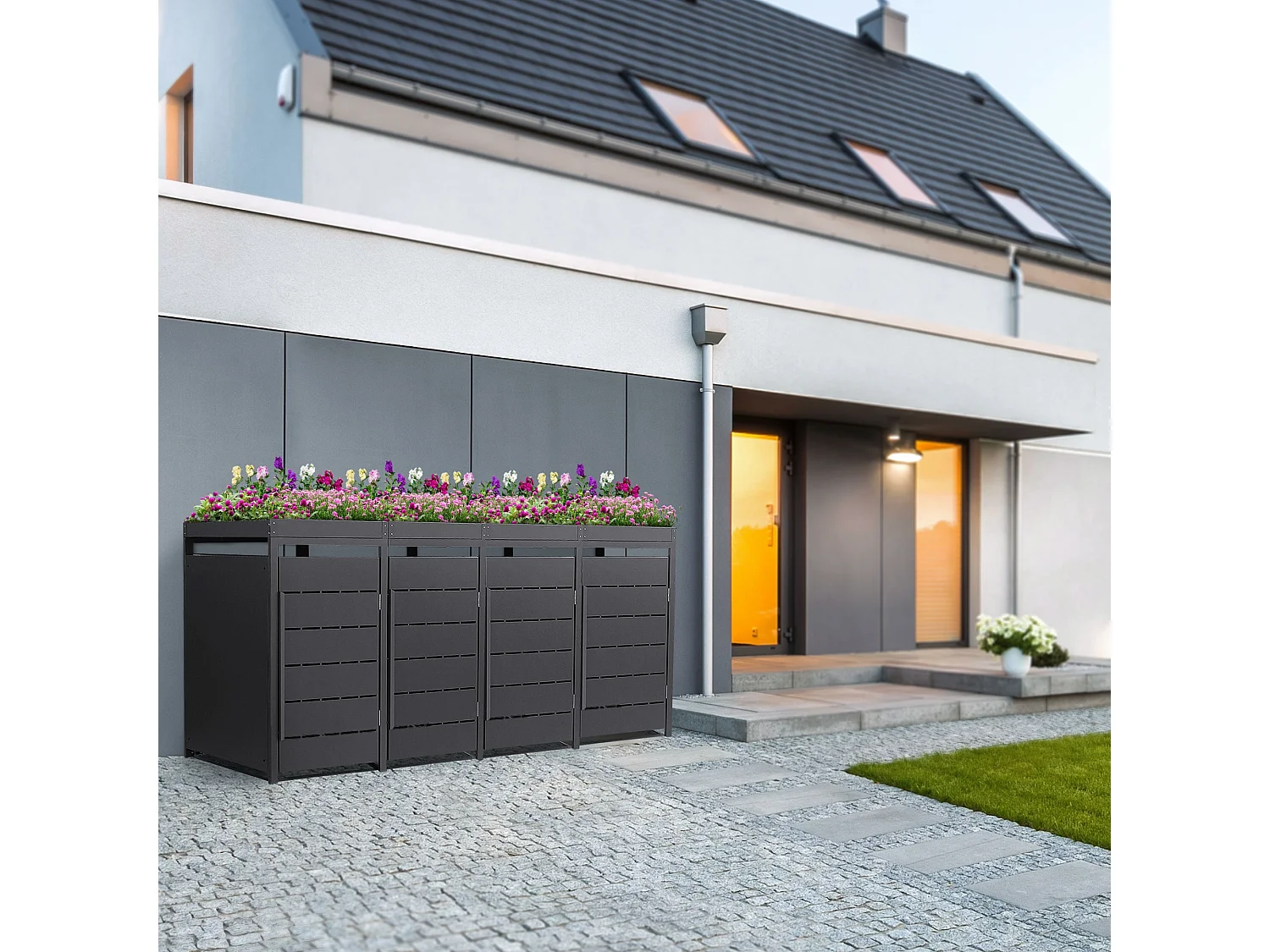 ML-Design Copribidone spazzatura per 4 bidoni 240L acciaio antracite con porta e tetto a fioriera, pattumiera da esterno resistente alle intemperie