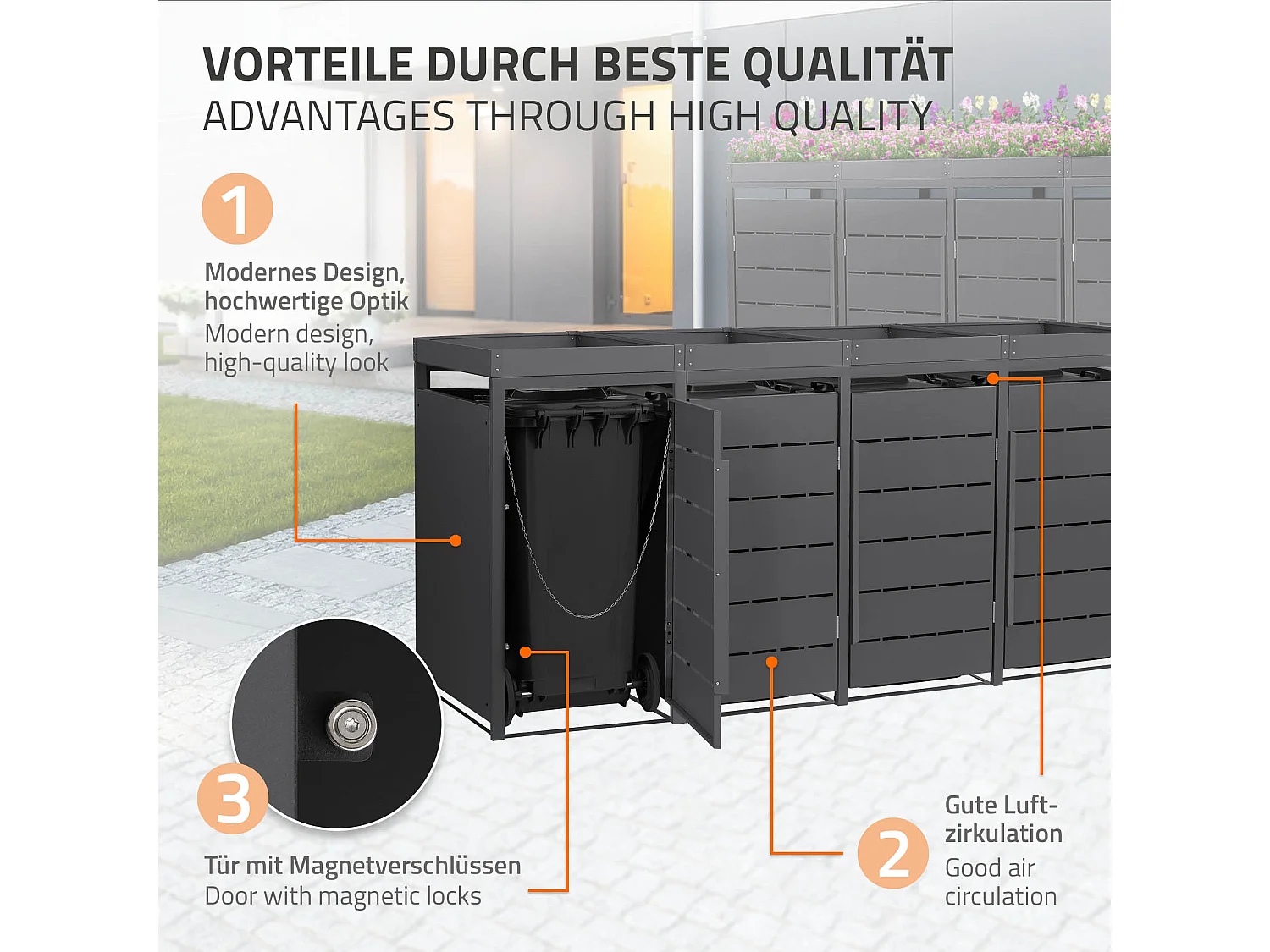 ML-Design Copribidone spazzatura per 4 bidoni 240L acciaio antracite con porta e tetto a fioriera, pattumiera da esterno resistente alle intemperie