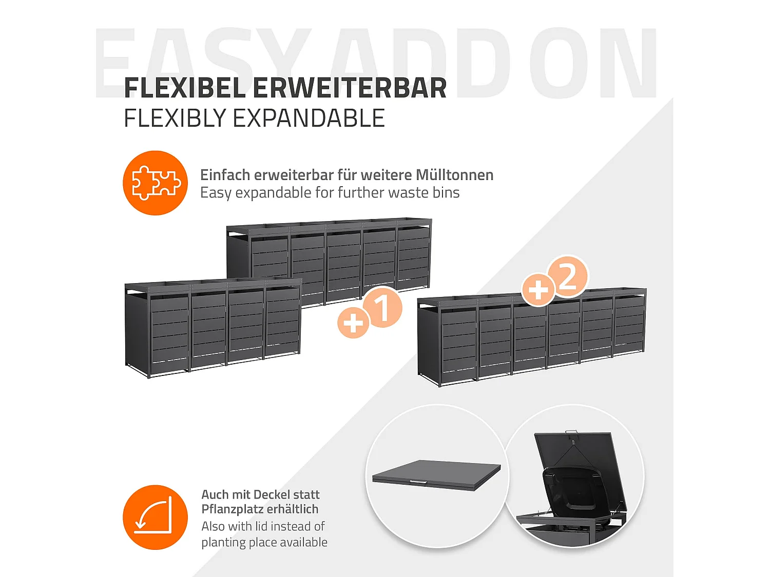ML-Design Copribidone spazzatura per 4 bidoni 240L acciaio antracite con porta e tetto a fioriera, pattumiera da esterno resistente alle intemperie