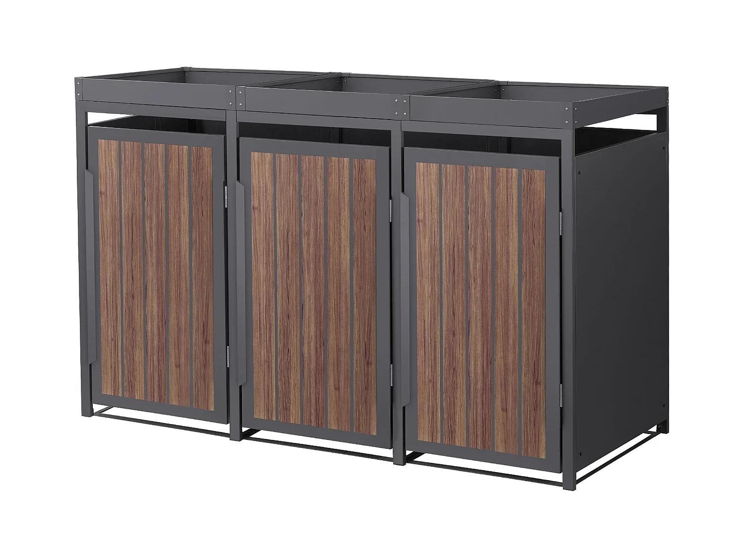 Abri pour 3 poubelles 196x80x124cm capacité 240L en acier aspect bois foncé  toit pour plantes et fleurs protection visuelle résistant aux intempéries
