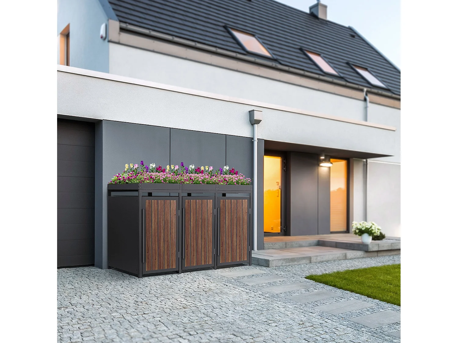 ML-Design Copribidone per spazzatura 3 bidoni 240L acciaio antracite rovere scuro, porta e tetto a fioriera, pattumiera esterno resistente intemperie