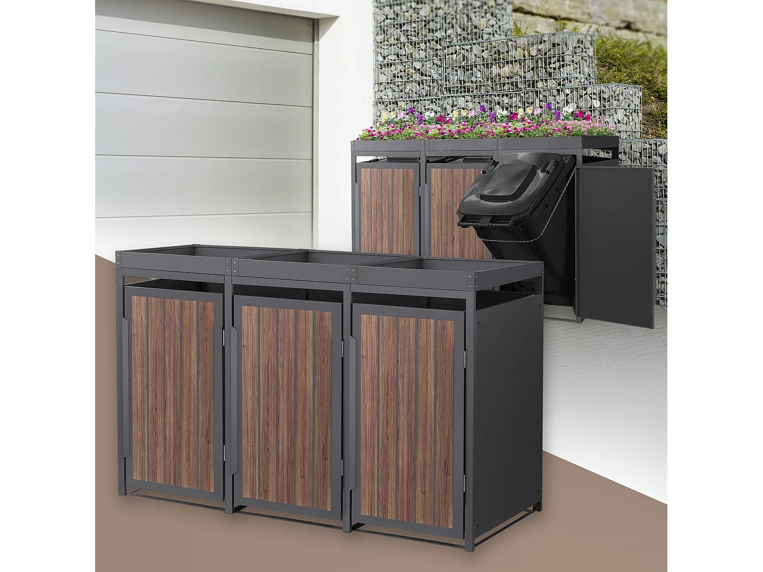 ML-Design Copribidone per spazzatura 3 bidoni 240L acciaio antracite rovere scuro, porta e tetto a fioriera, pattumiera esterno resistente intemperie