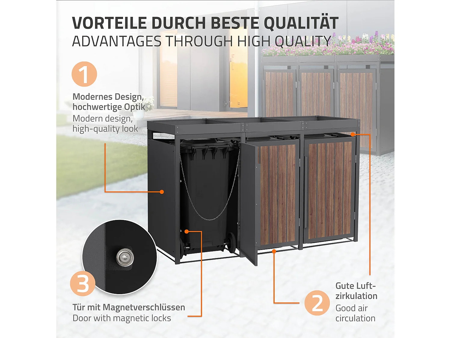 ML-Design Copribidone per spazzatura 3 bidoni 240L acciaio antracite rovere scuro, porta e tetto a fioriera, pattumiera esterno resistente intemperie