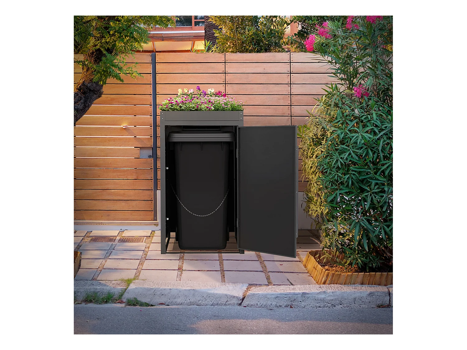 Abri pour 1 poubelle 68x80x124cm capacité 240L en acier aspect bois clair toit pour plantes et fleurs protection visuelle résistant aux intempéries