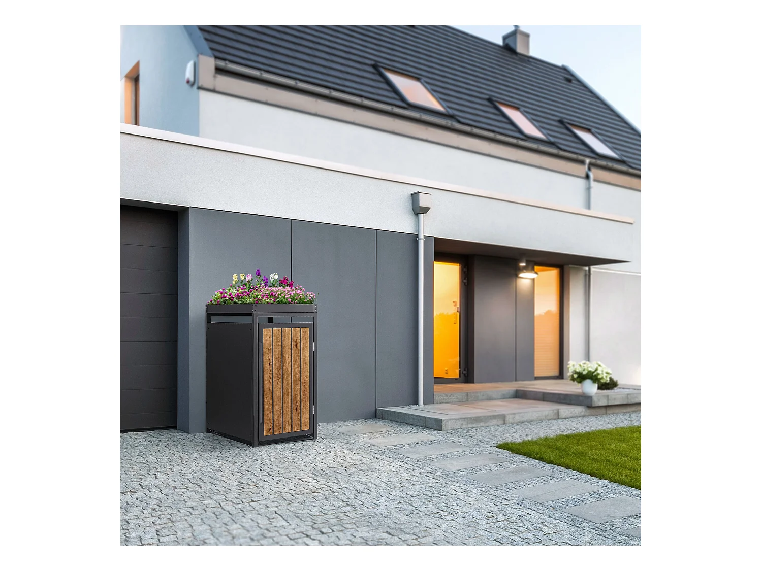 Abri pour 1 poubelle 68x80x124cm capacité 240L en acier aspect bois clair toit pour plantes et fleurs protection visuelle résistant aux intempéries