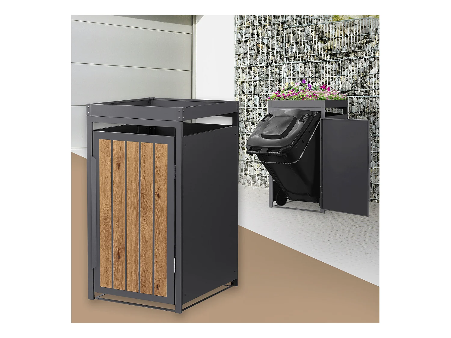 Abri pour 1 poubelle 68x80x124cm capacité 240L en acier aspect bois clair toit pour plantes et fleurs protection visuelle résistant aux intempéries