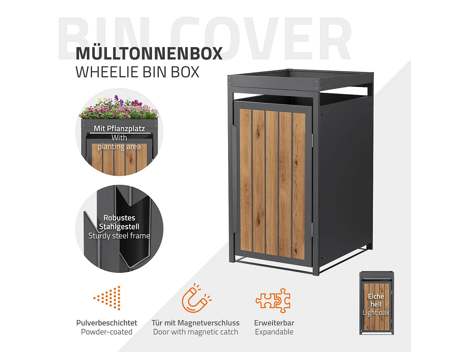 Abri pour 1 poubelle 68x80x124cm capacité 240L en acier aspect bois clair toit pour plantes et fleurs protection visuelle résistant aux intempéries