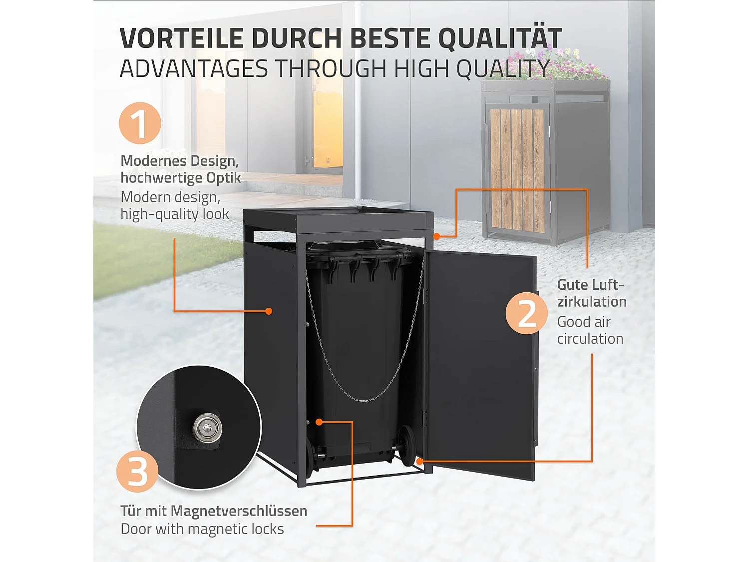 Abri pour 1 poubelle 68x80x124cm capacité 240L en acier aspect bois clair toit pour plantes et fleurs protection visuelle résistant aux intempéries