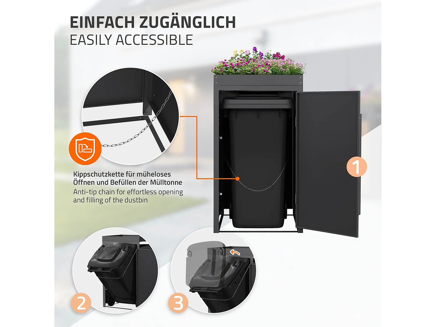 Abri pour 1 poubelle 68x80x124cm capacité 240L en acier aspect bois clair toit pour plantes et fleurs protection visuelle résistant aux intempéries