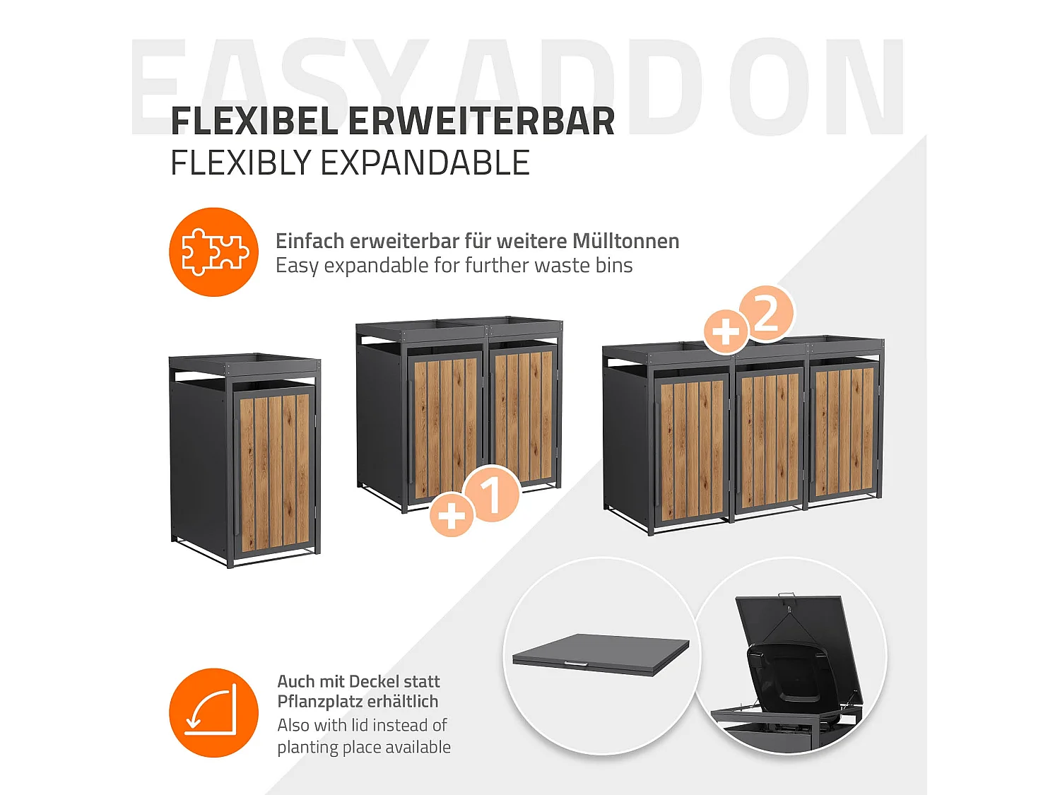 Abri pour 1 poubelle 68x80x124cm capacité 240L en acier aspect bois clair toit pour plantes et fleurs protection visuelle résistant aux intempéries