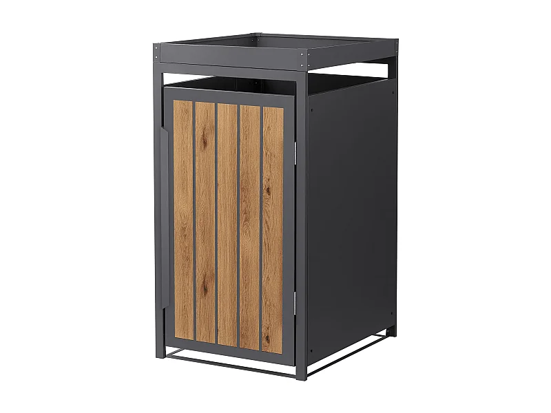 Abri pour 1 poubelle 68x80x124cm capacité 240L en acier aspect bois clair toit pour plantes et fleurs protection visuelle résistant aux intempéries
