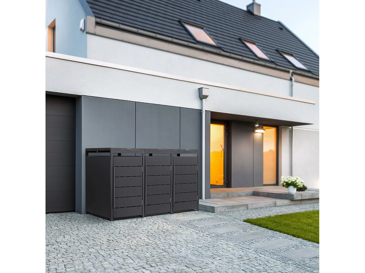 ML-Design Cobertizo para ocultar 3 cubos de basura 240L antracita 196x80x120cm, caseta de acero para exterior, contenedor resistente con tapa abatible