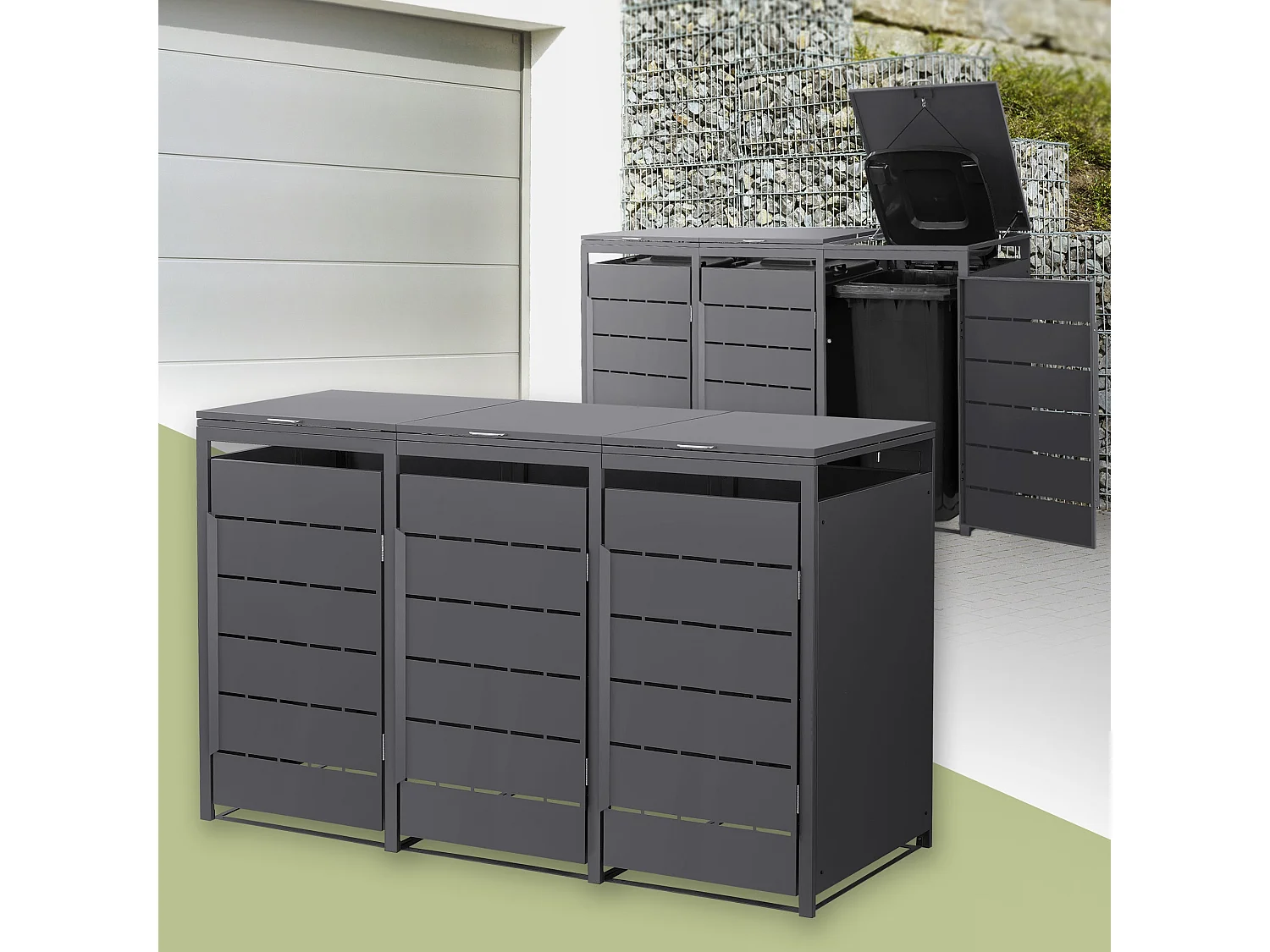 ML-Design Cobertizo para ocultar 3 cubos de basura 240L antracita 196x80x120cm, caseta de acero para exterior, contenedor resistente con tapa abatible