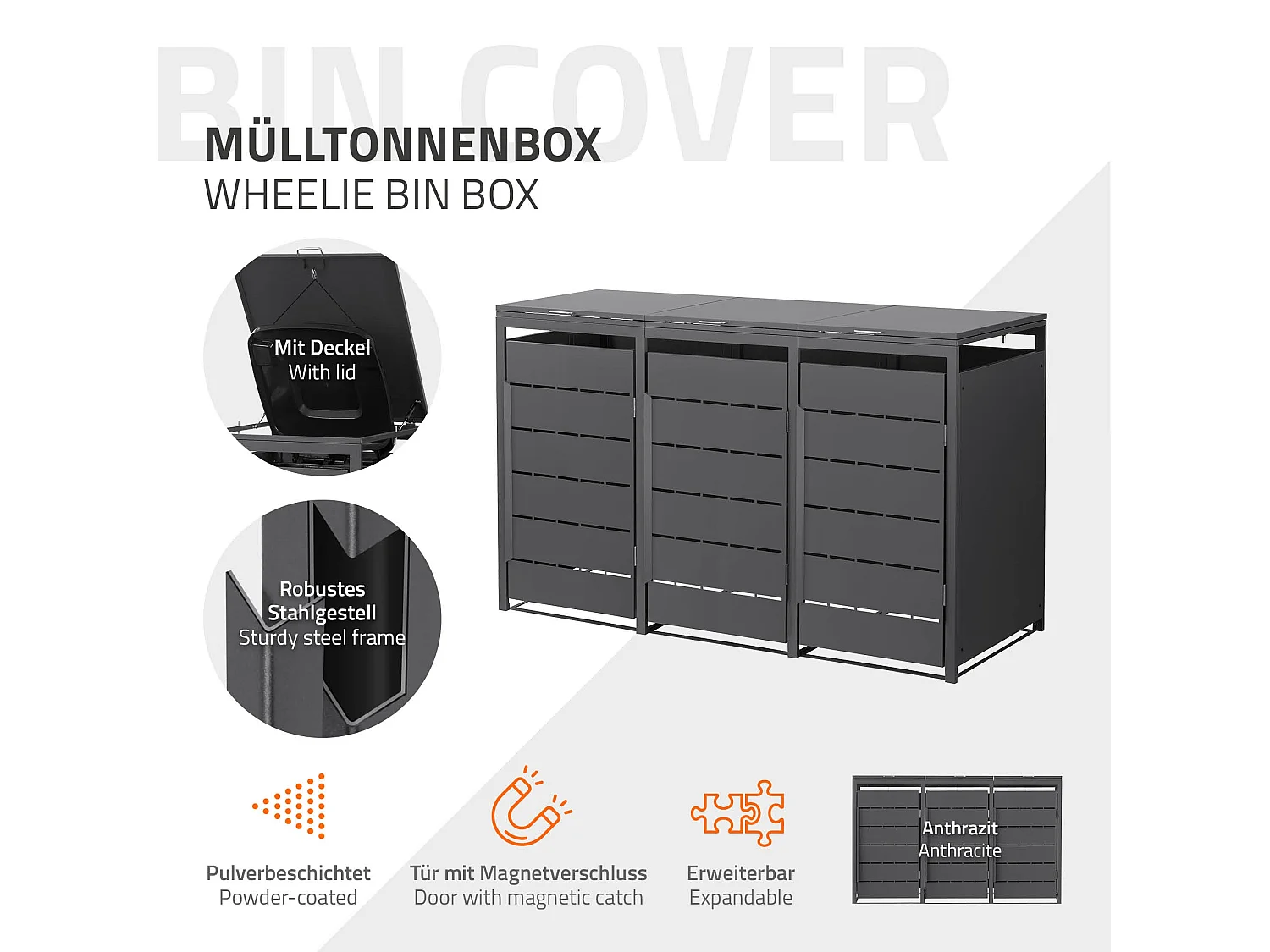 ML-Design Cobertizo para ocultar 3 cubos de basura 240L antracita 196x80x120cm, caseta de acero para exterior, contenedor resistente con tapa abatible