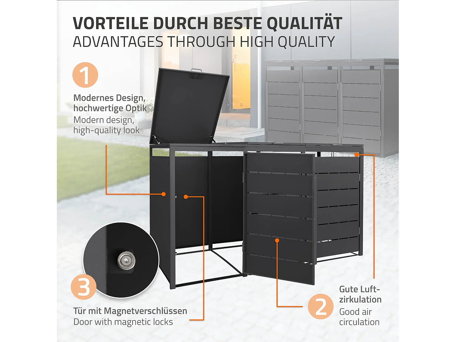 ML-Design Cobertizo para ocultar 3 cubos de basura 240L antracita 196x80x120cm, caseta de acero para exterior, contenedor resistente con tapa abatible