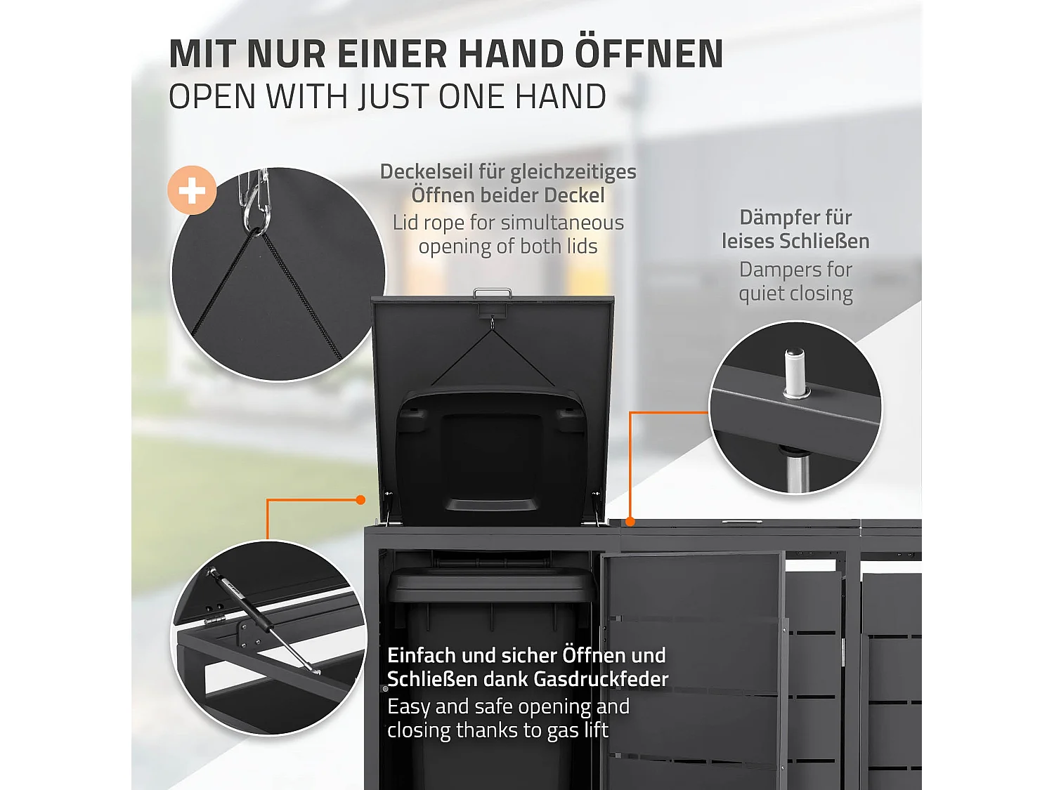 ML-Design Cobertizo para ocultar 3 cubos de basura 240L antracita 196x80x120cm, caseta de acero para exterior, contenedor resistente con tapa abatible