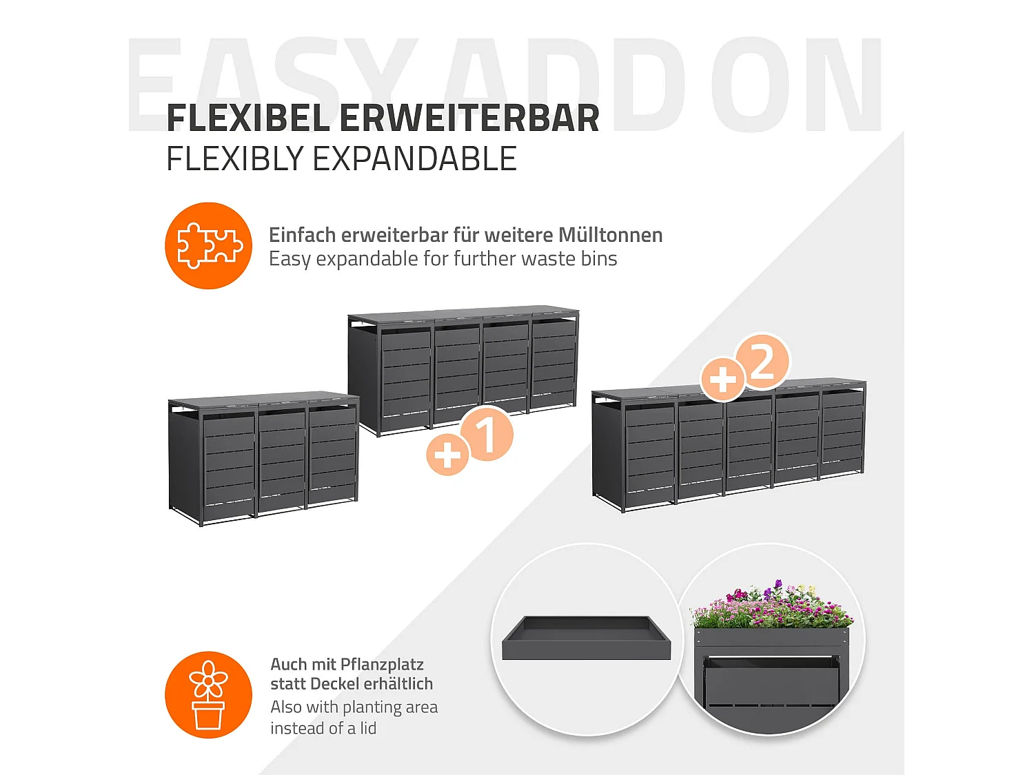 ML-Design Cobertizo para ocultar 3 cubos de basura 240L antracita 196x80x120cm, caseta de acero para exterior, contenedor resistente con tapa abatible