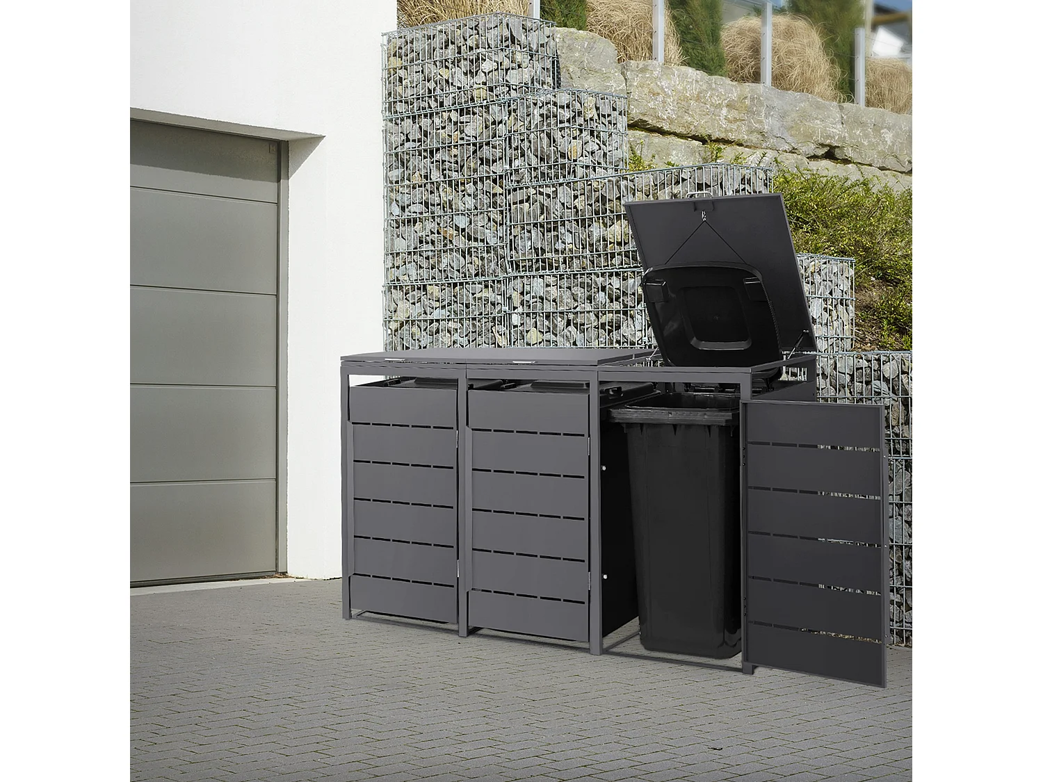 ML-Design Copribidone da spazzatura per 3 bidoni 240L 196x80x120 cm antracite cassonetto per rifiuti con coperchio deposito per bidoni da esterno