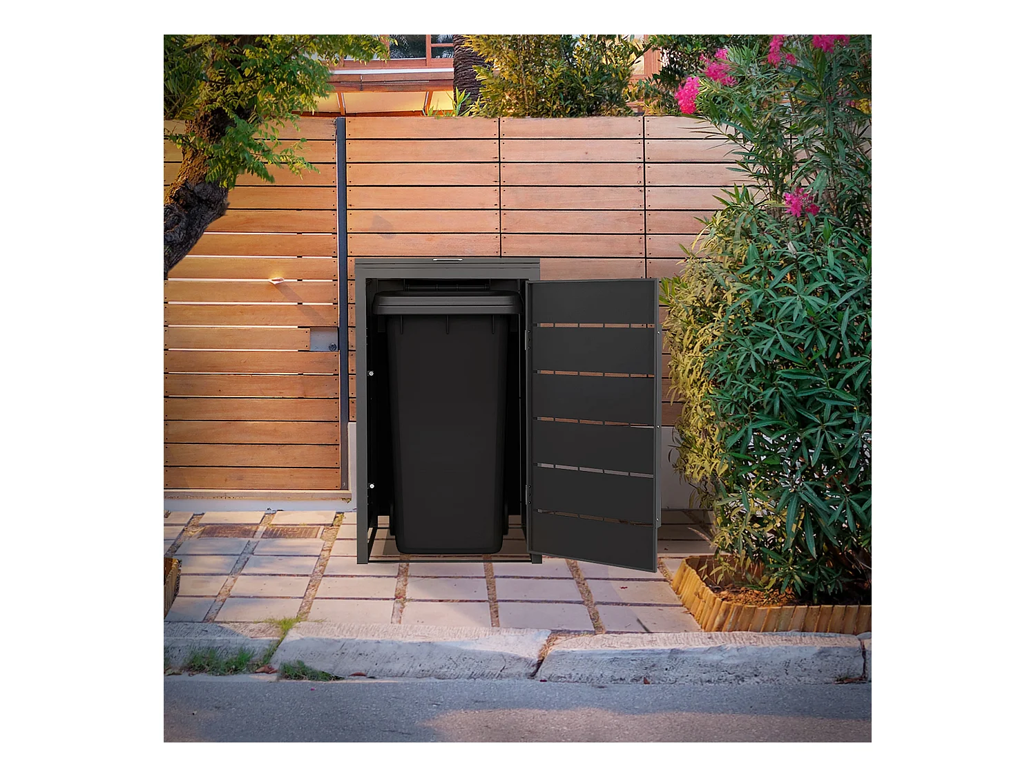 Abri pour 1 poubelle 68x80x120 cm 240L anthracite en acier couvercle rabattable et porte clôture habillage conteneur ordures résistant aux intempéries