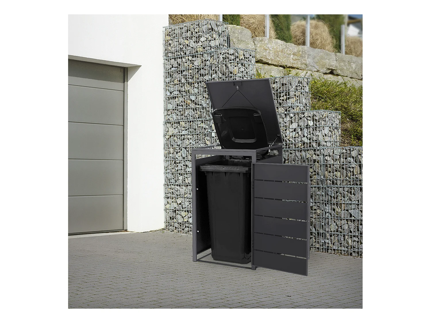 Abri pour 1 poubelle 68x80x120 cm 240L anthracite en acier couvercle rabattable et porte clôture habillage conteneur ordures résistant aux intempéries