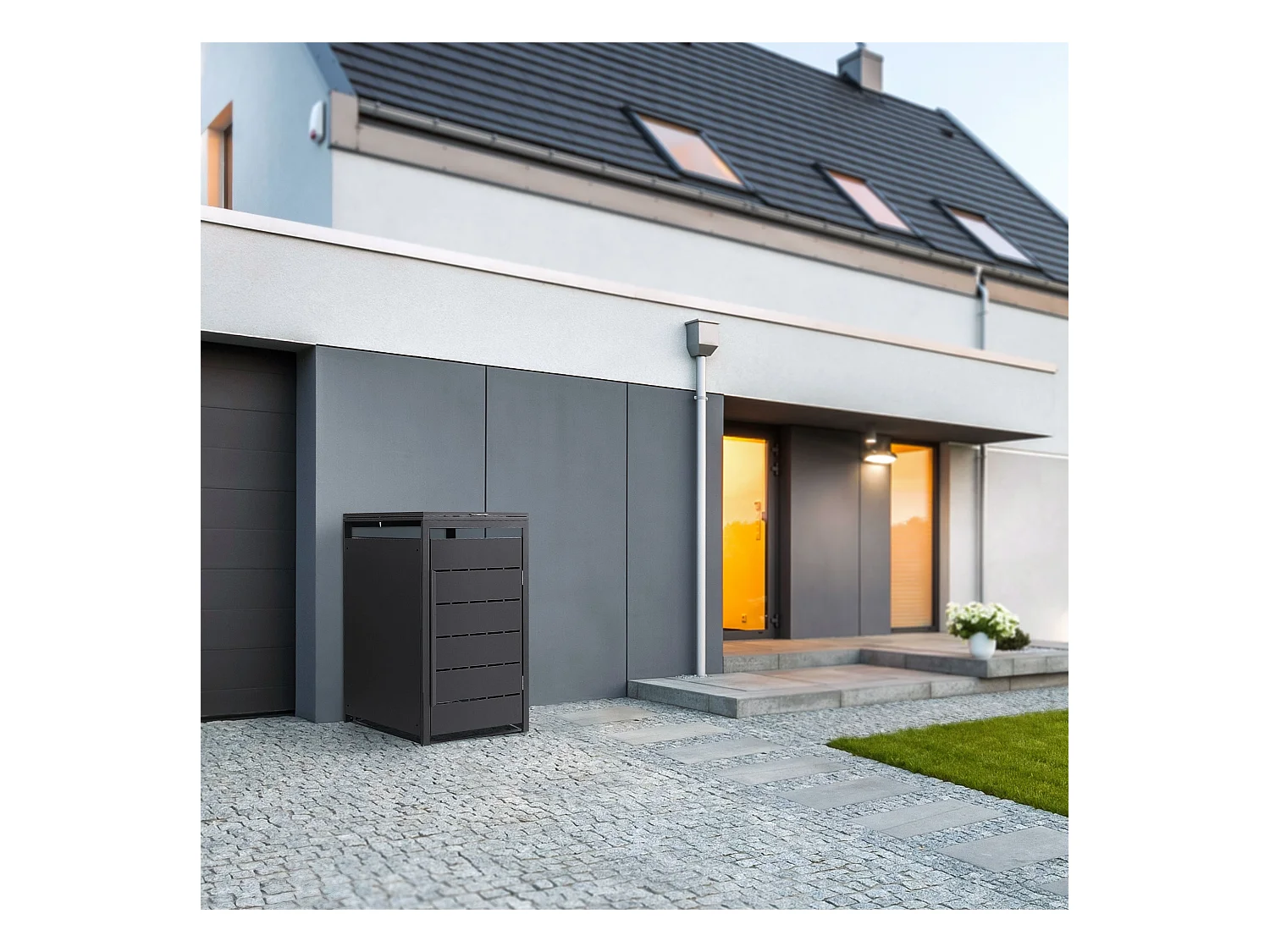 Abri pour 1 poubelle 68x80x120 cm 240L anthracite en acier couvercle rabattable et porte clôture habillage conteneur ordures résistant aux intempéries