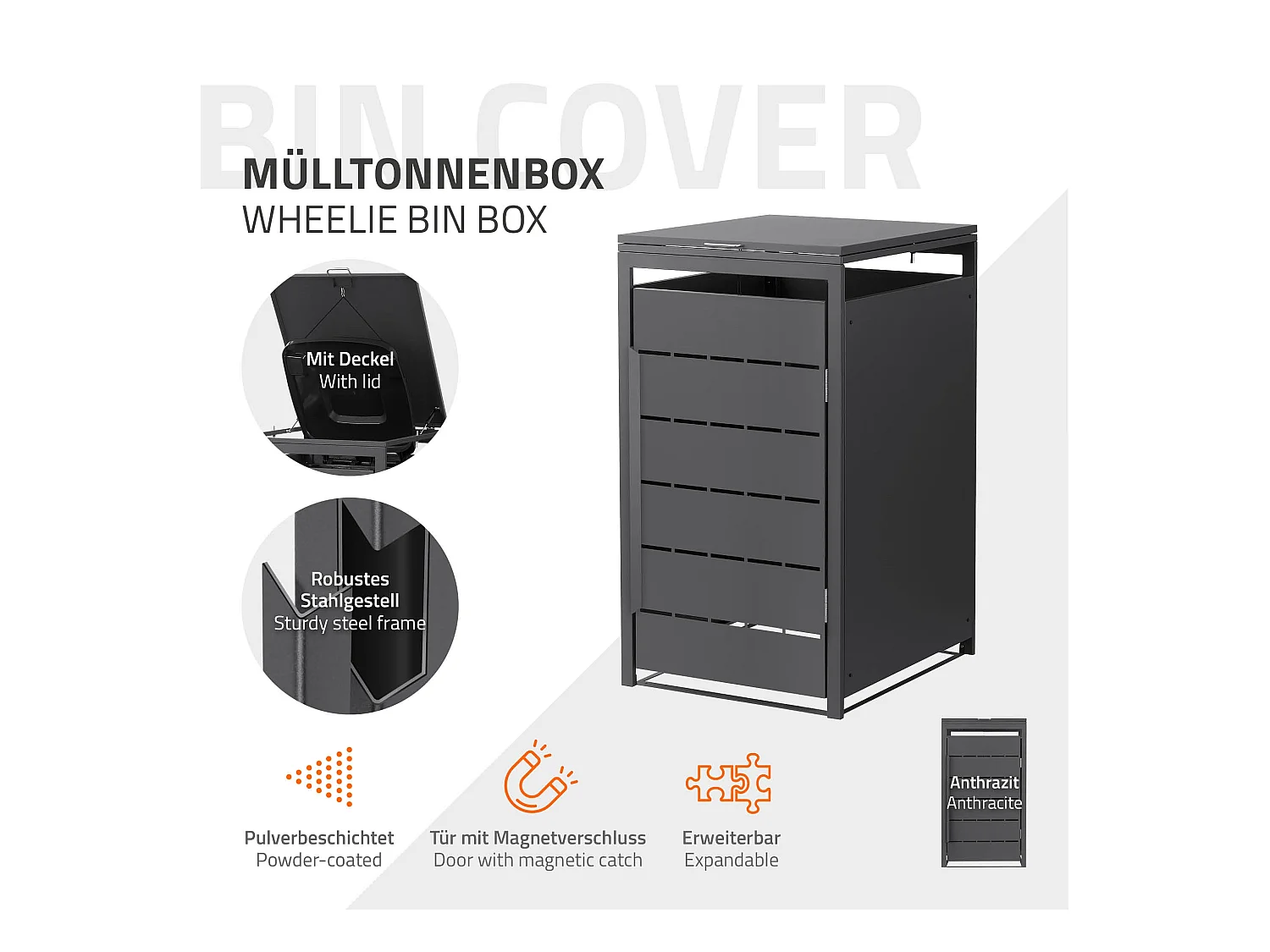 Abri pour 1 poubelle 68x80x120 cm 240L anthracite en acier couvercle rabattable et porte clôture habillage conteneur ordures résistant aux intempéries