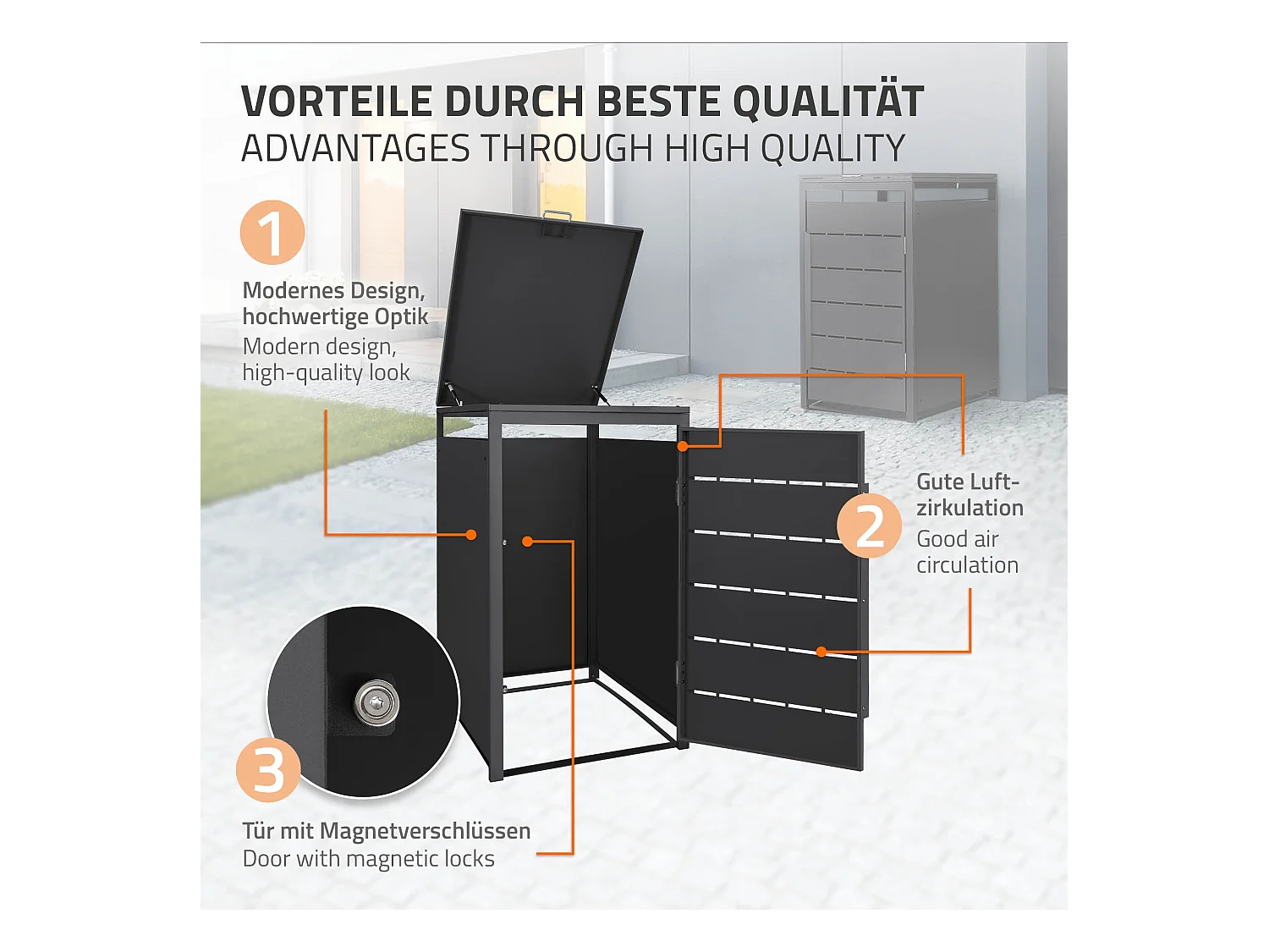 Abri pour 1 poubelle 68x80x120 cm 240L anthracite en acier couvercle rabattable et porte clôture habillage conteneur ordures résistant aux intempéries