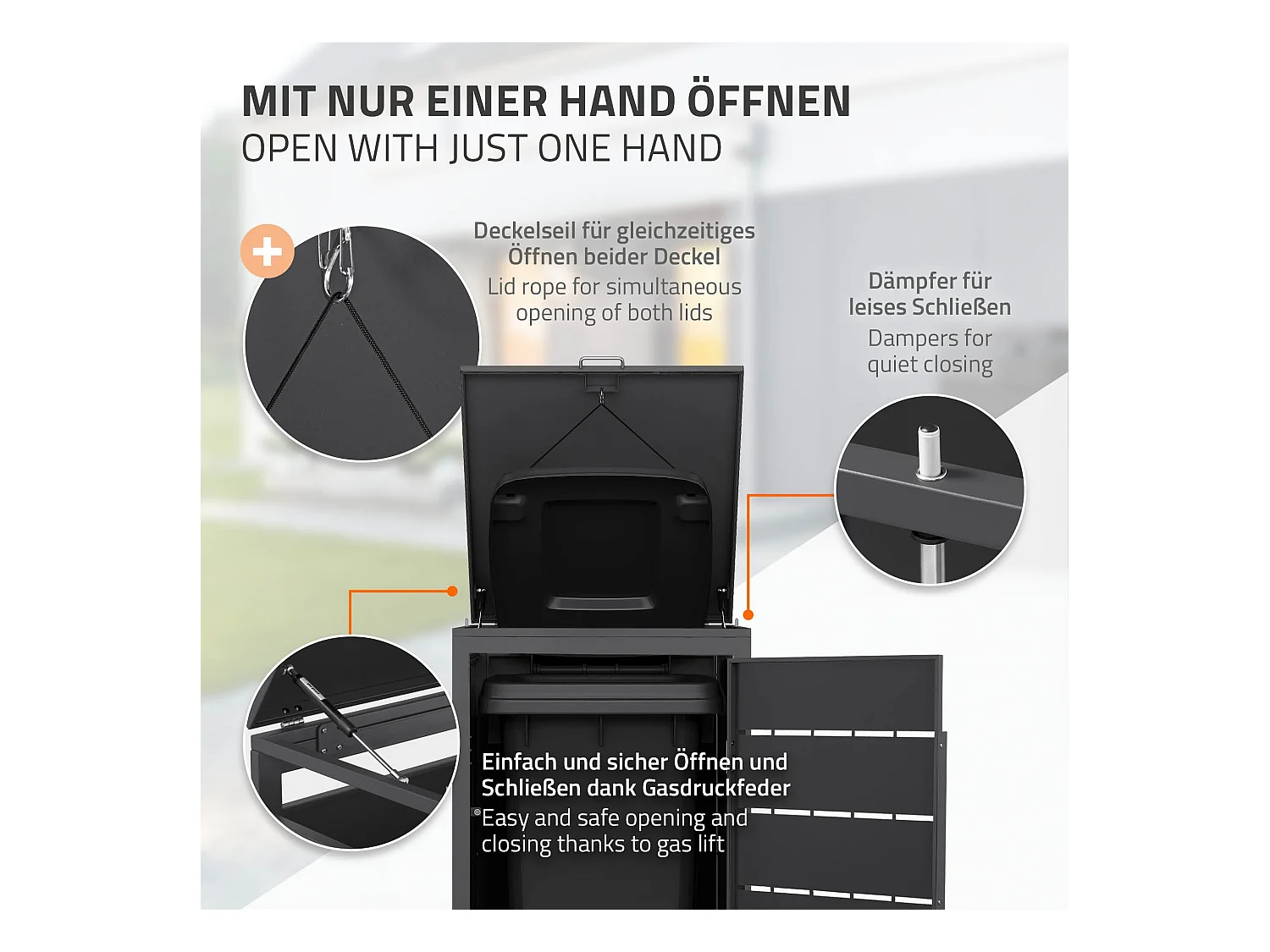 Abri pour 1 poubelle 68x80x120 cm 240L anthracite en acier couvercle rabattable et porte clôture habillage conteneur ordures résistant aux intempéries