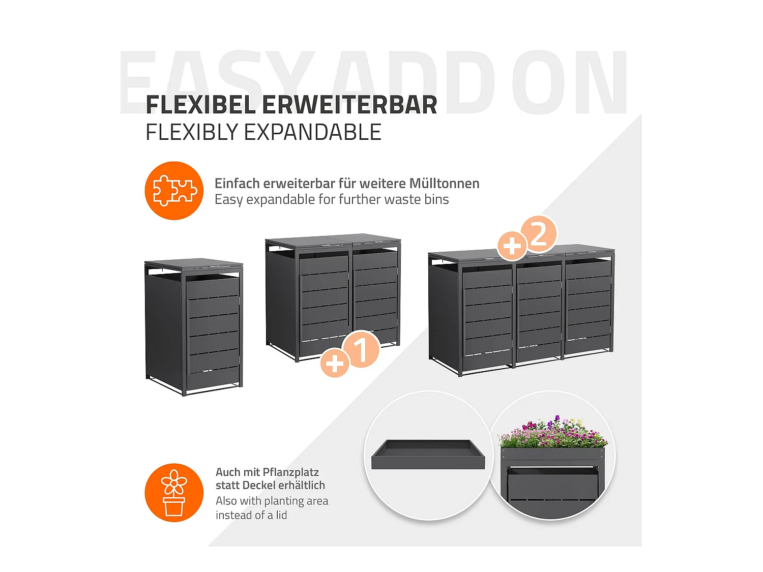 Abri pour 1 poubelle 68x80x120 cm 240L anthracite en acier couvercle rabattable et porte clôture habillage conteneur ordures résistant aux intempéries