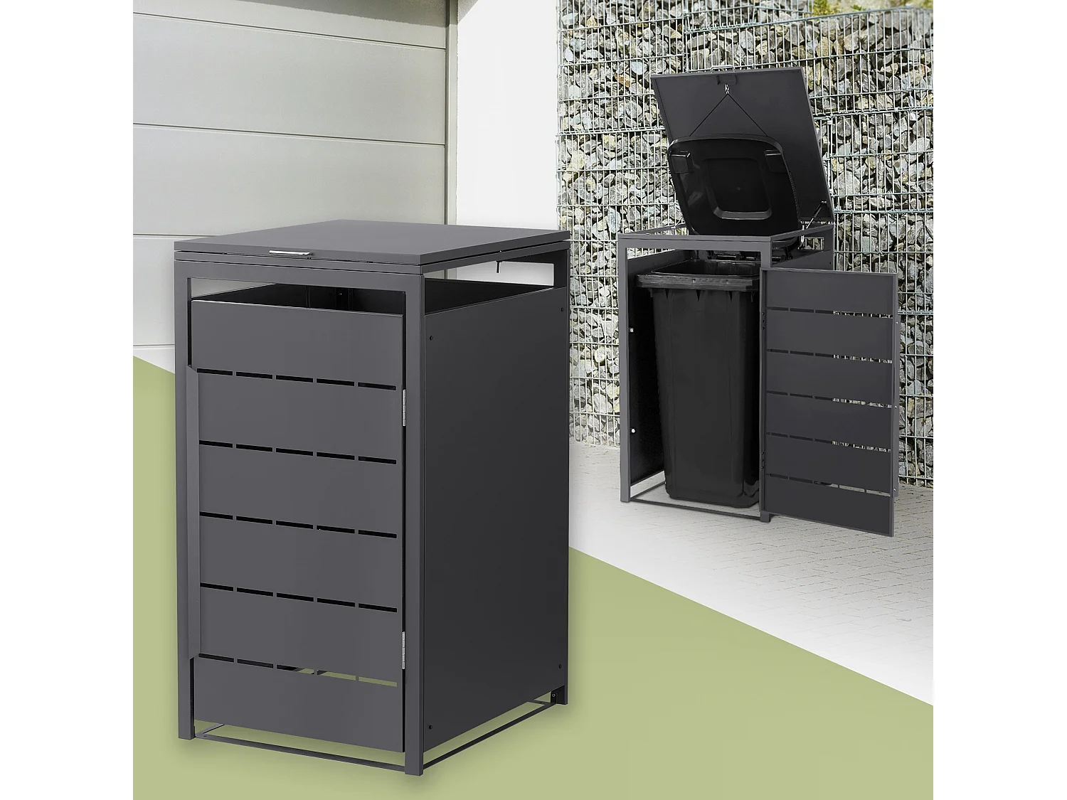 Abri pour 1 poubelle 68x80x120 cm 240L anthracite en acier couvercle rabattable et porte clôture habillage conteneur ordures résistant aux intempéries