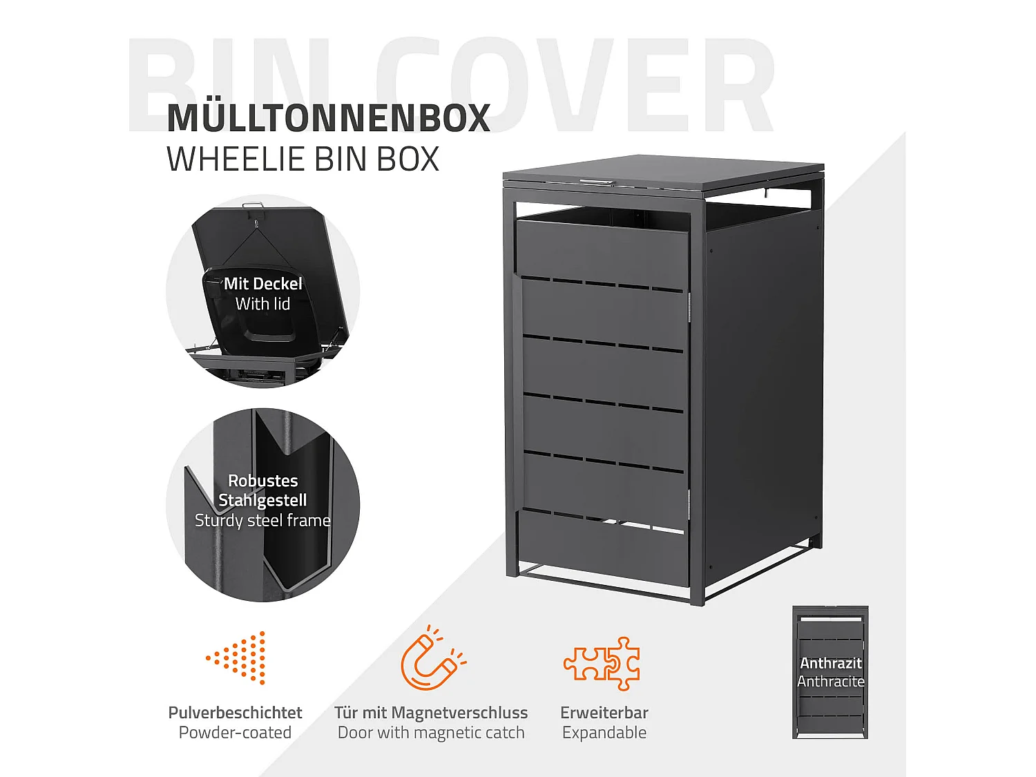 Abri pour 1 poubelle 68x80x120 cm 240L anthracite en acier couvercle rabattable et porte clôture habillage conteneur ordures résistant aux intempéries