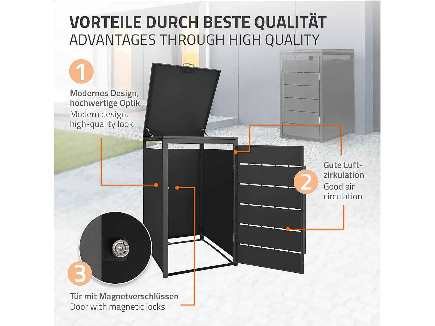Abri pour 1 poubelle 68x80x120 cm 240L anthracite en acier couvercle rabattable et porte clôture habillage conteneur ordures résistant aux intempéries