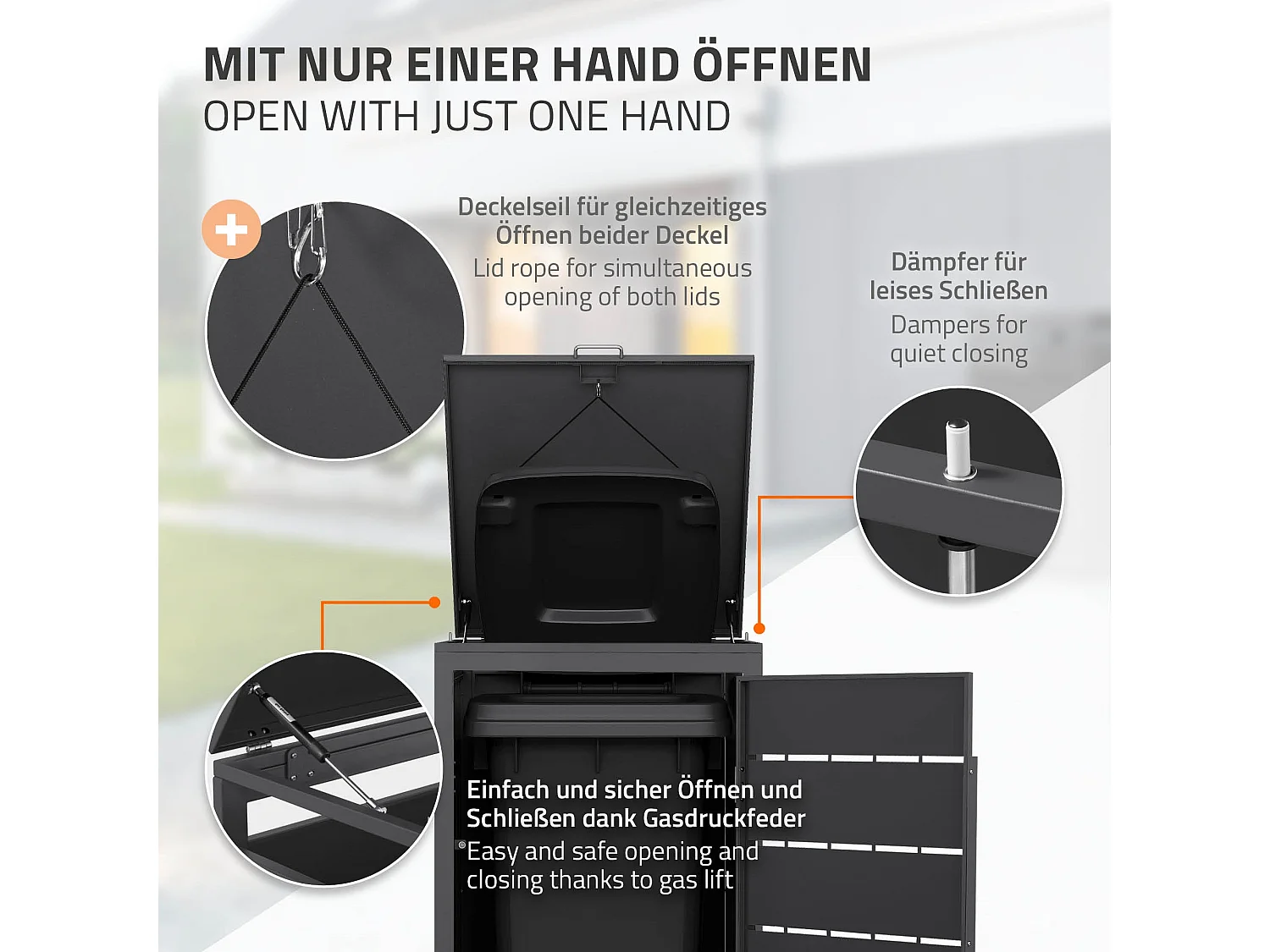 Abri pour 1 poubelle 68x80x120 cm 240L anthracite en acier couvercle rabattable et porte clôture habillage conteneur ordures résistant aux intempéries