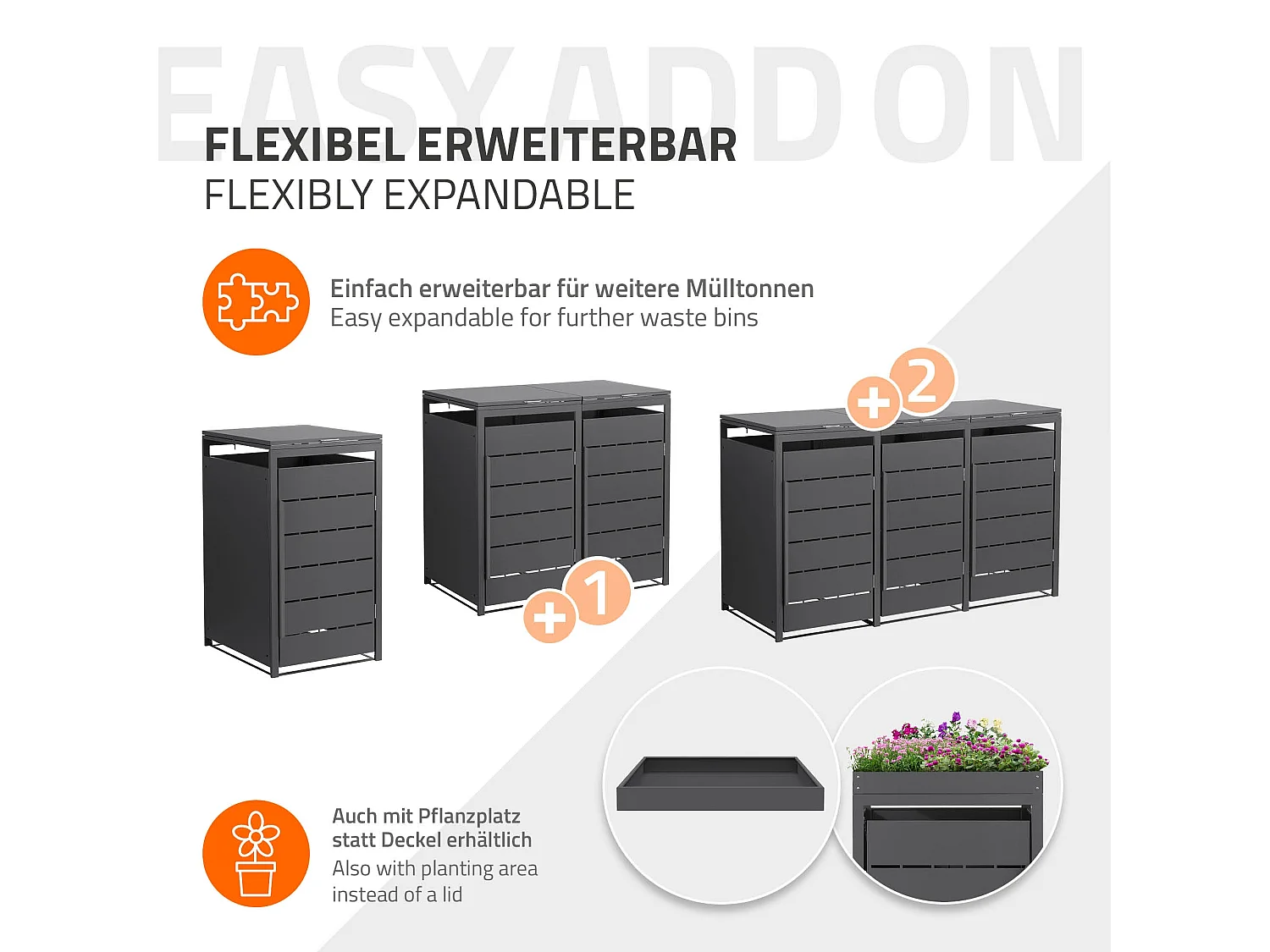 Abri pour 1 poubelle 68x80x120 cm 240L anthracite en acier couvercle rabattable et porte clôture habillage conteneur ordures résistant aux intempéries