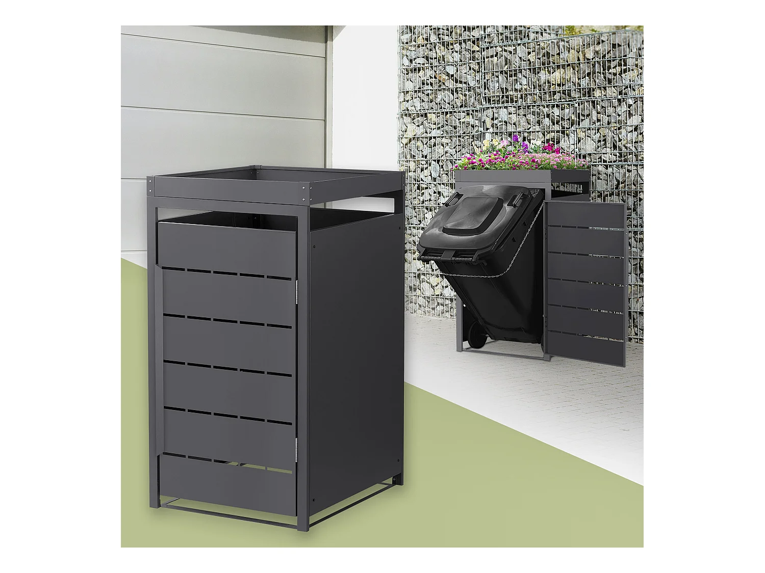 Abri pour 1 poubelle 68x80x124 cm capacité 240 L anthracite en acier toit pour plantes et fleurs porte protection visuelle résistant aux intempériesa