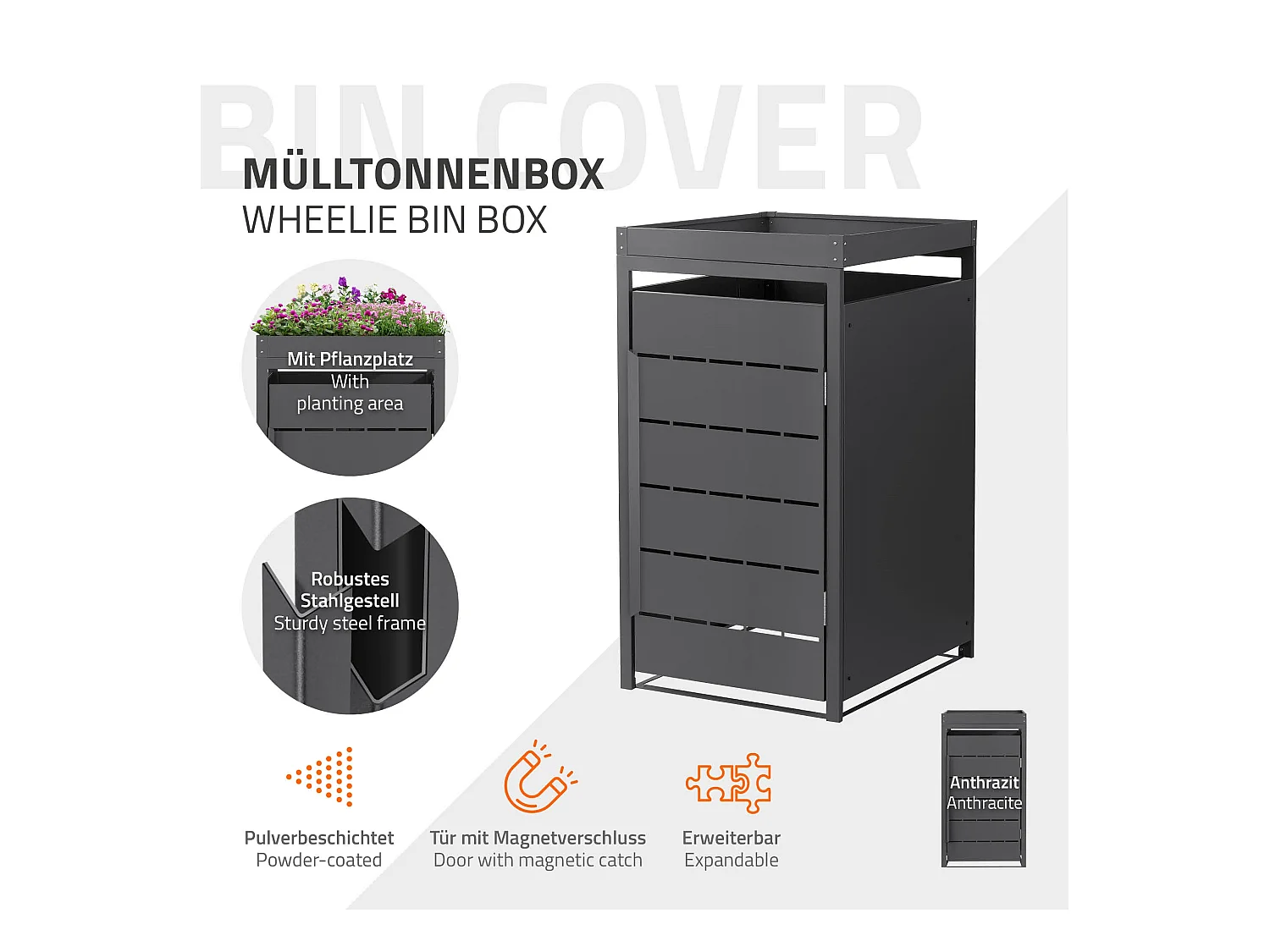 Abri pour 1 poubelle 68x80x124 cm capacité 240 L anthracite en acier toit pour plantes et fleurs porte protection visuelle résistant aux intempériesa