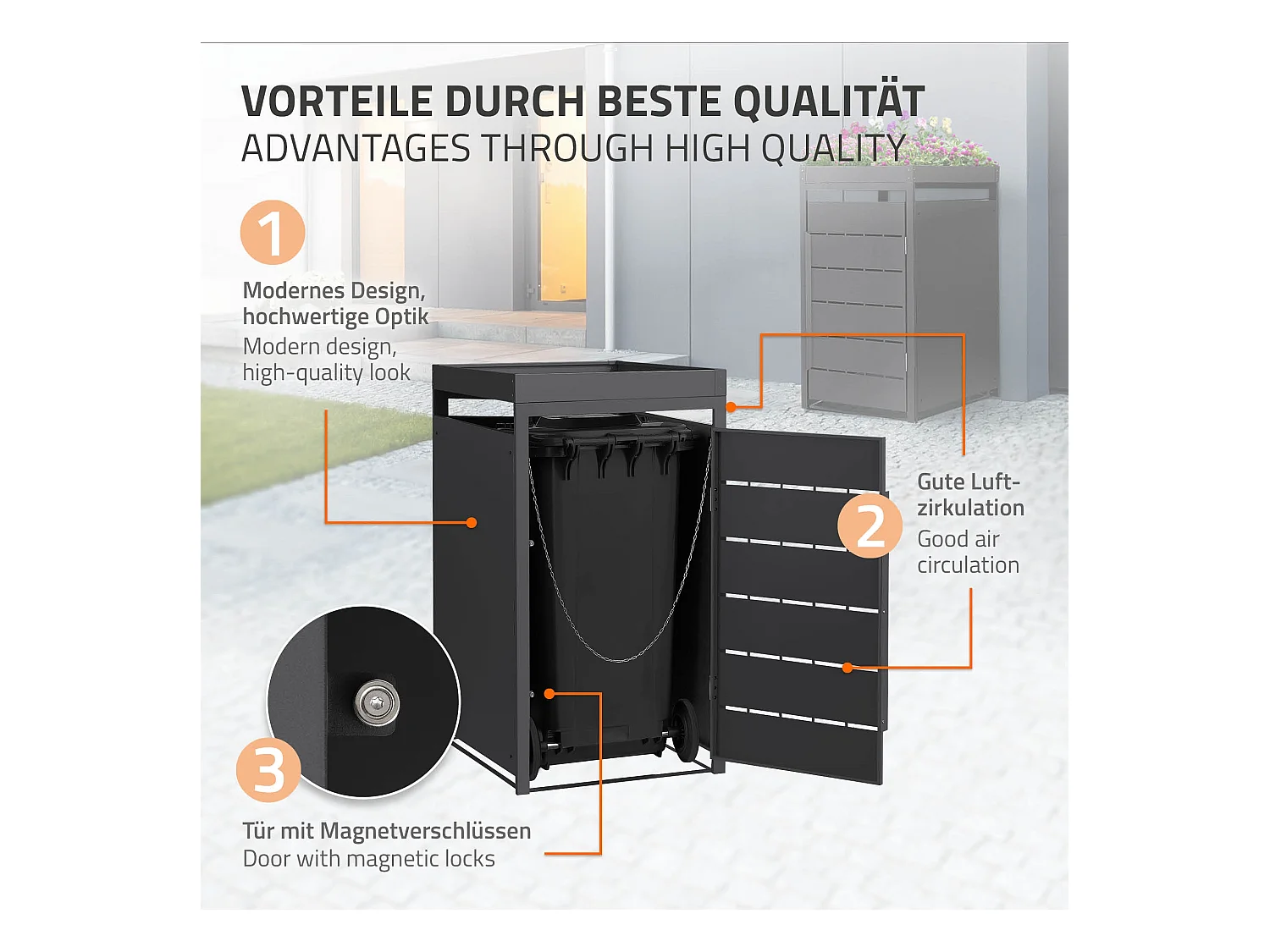 Abri pour 1 poubelle 68x80x124 cm capacité 240 L anthracite en acier toit pour plantes et fleurs porte protection visuelle résistant aux intempériesa