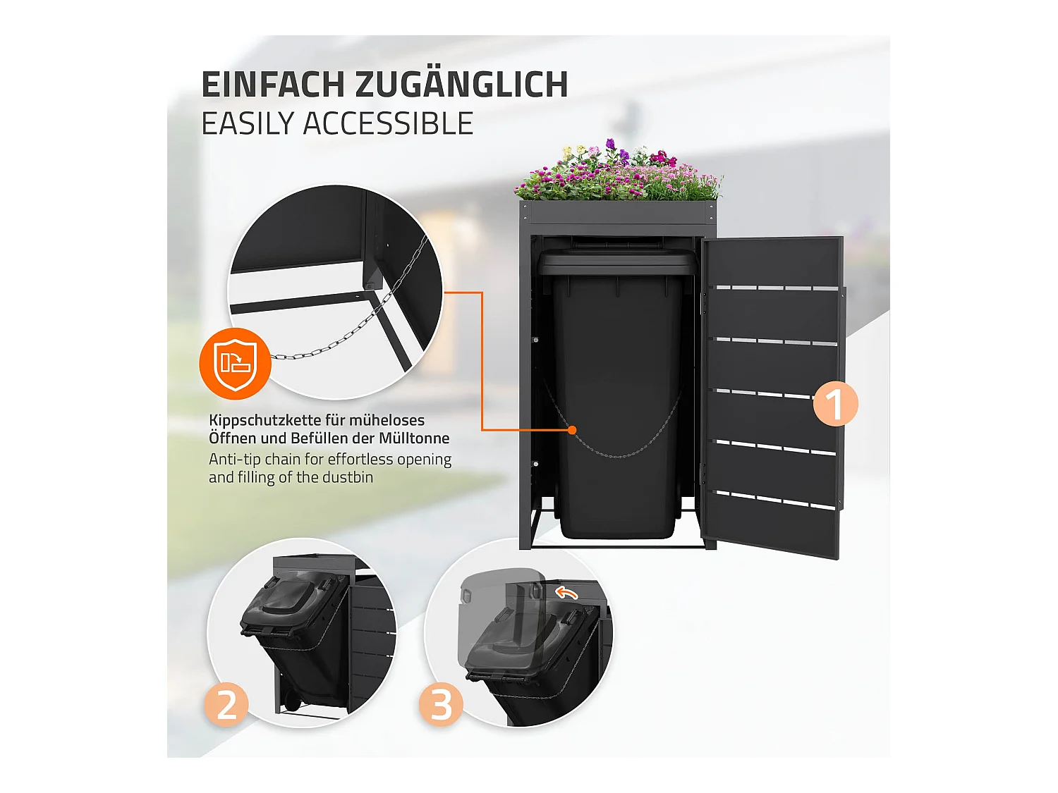 Abri pour 1 poubelle 68x80x124 cm capacité 240 L anthracite en acier toit pour plantes et fleurs porte protection visuelle résistant aux intempériesa
