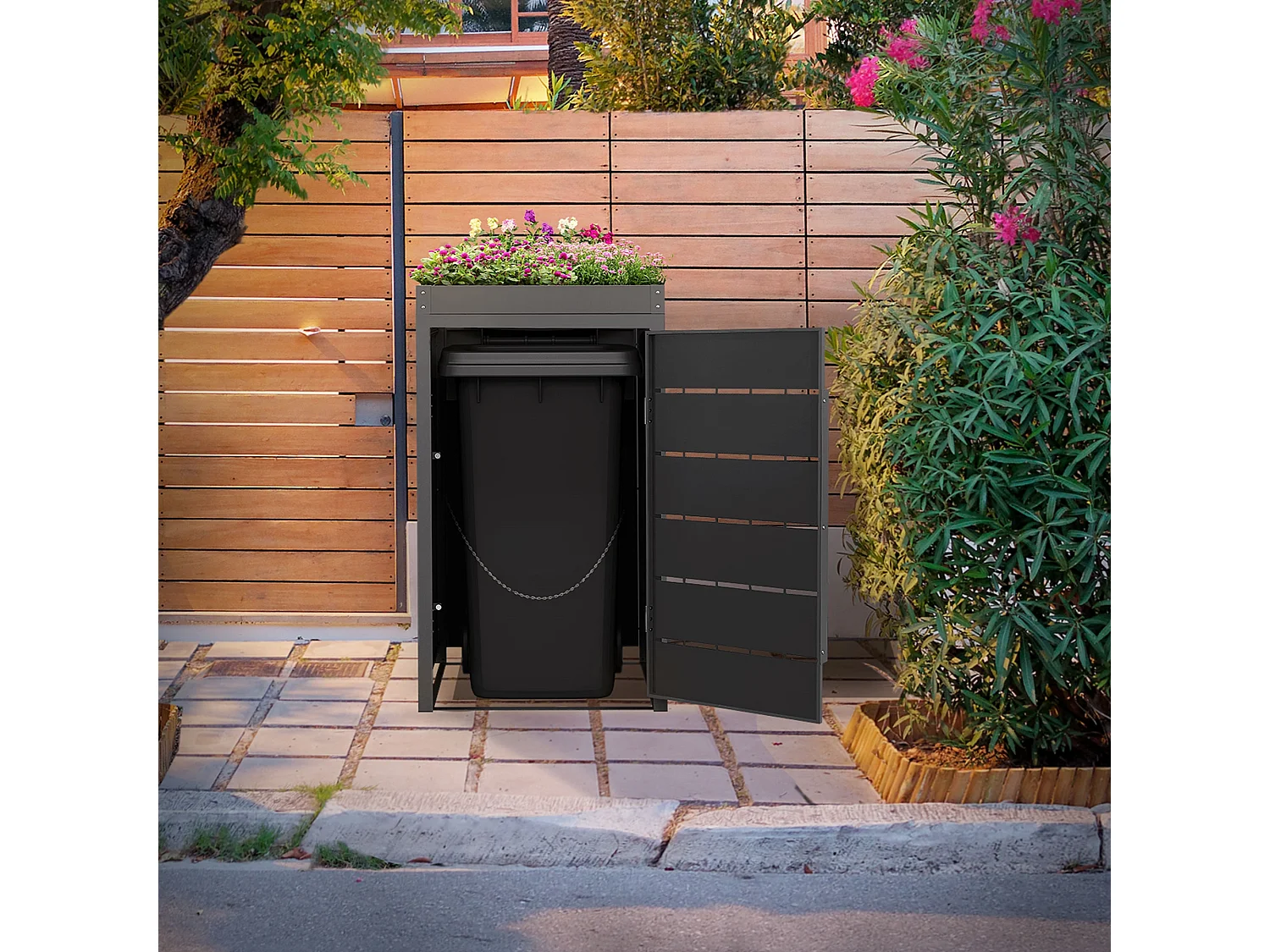 Abri pour 1 poubelle 68x80x124 cm capacité 240 L anthracite en acier toit pour plantes et fleurs porte protection visuelle résistant aux intempériesa