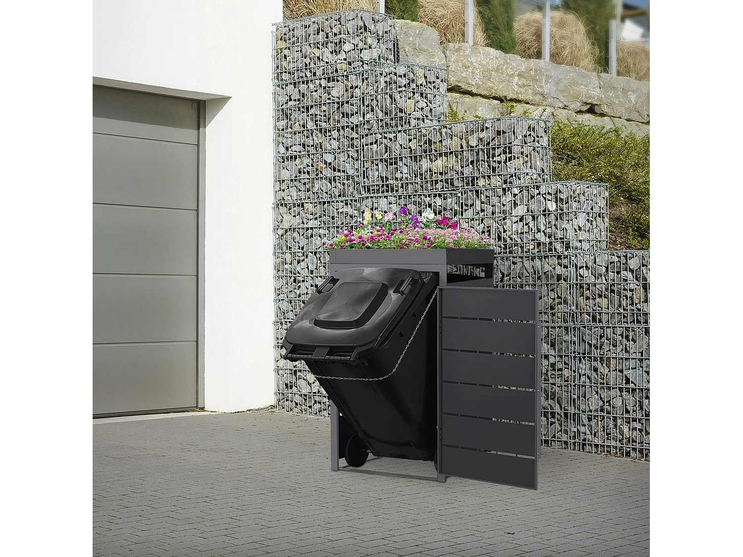 Abri pour 1 poubelle 68x80x124 cm capacité 240 L anthracite en acier toit pour plantes et fleurs porte protection visuelle résistant aux intempériesa