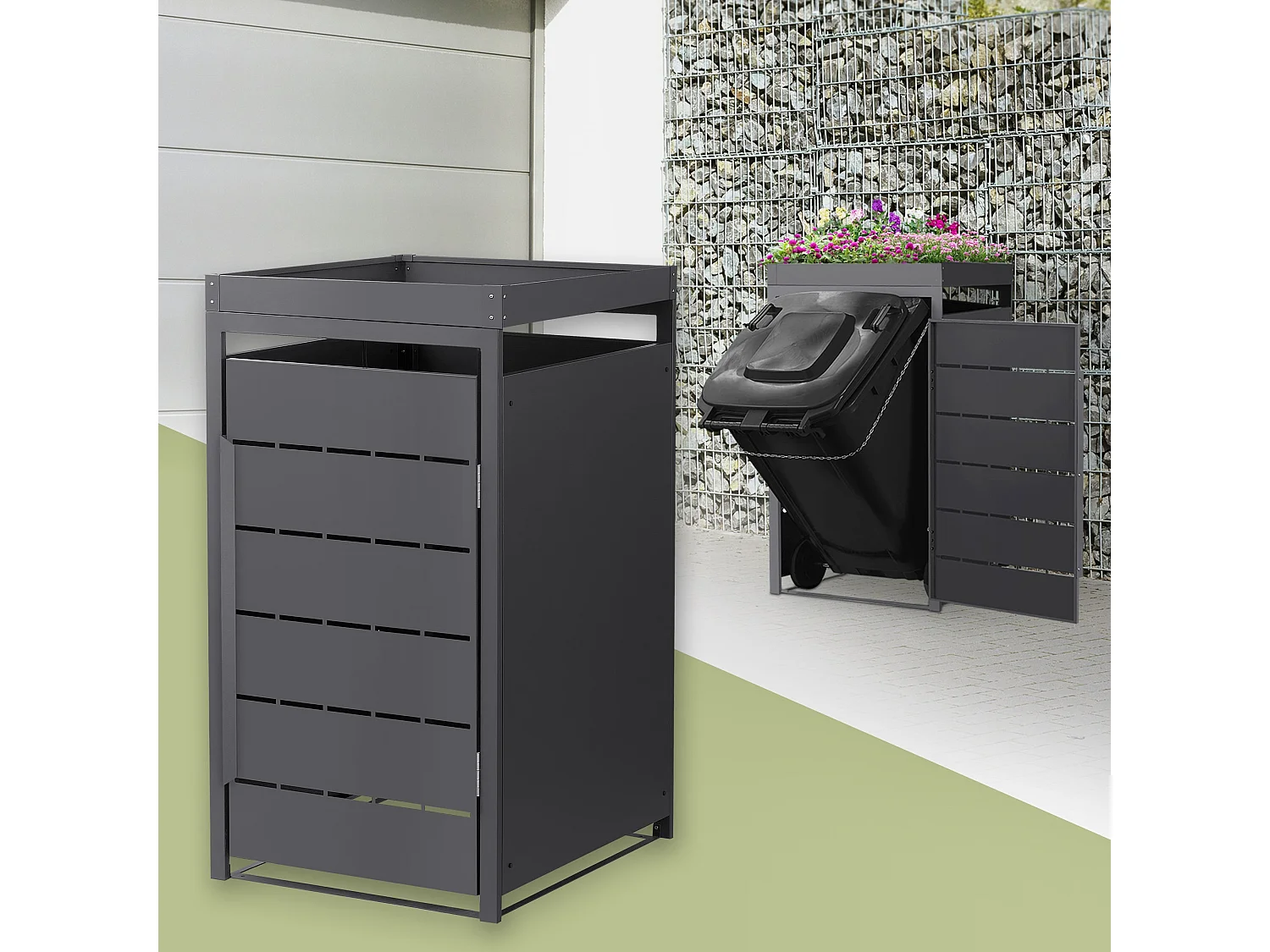 Abri pour 1 poubelle 68x80x124 cm capacité 240 L anthracite en acier toit pour plantes et fleurs porte protection visuelle résistant aux intempériesa