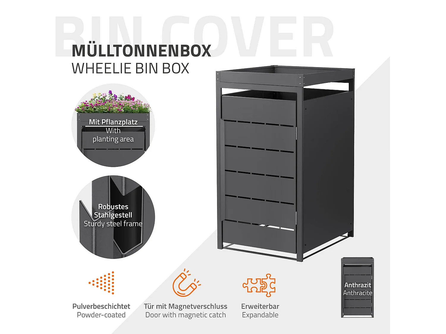 Abri pour 1 poubelle 68x80x124 cm capacité 240 L anthracite en acier toit pour plantes et fleurs porte protection visuelle résistant aux intempériesa