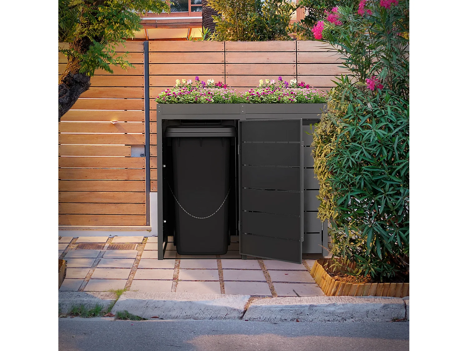 ML-Design Copribidone spazzatura per 2 bidoni 240L acciaio antracite con porta e tetto a fioriera, pattumiera da esterno resistente alle intemperie