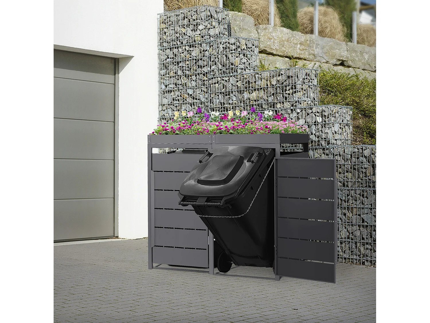 ML-Design Copribidone spazzatura per 2 bidoni 240L acciaio antracite con porta e tetto a fioriera, pattumiera da esterno resistente alle intemperie