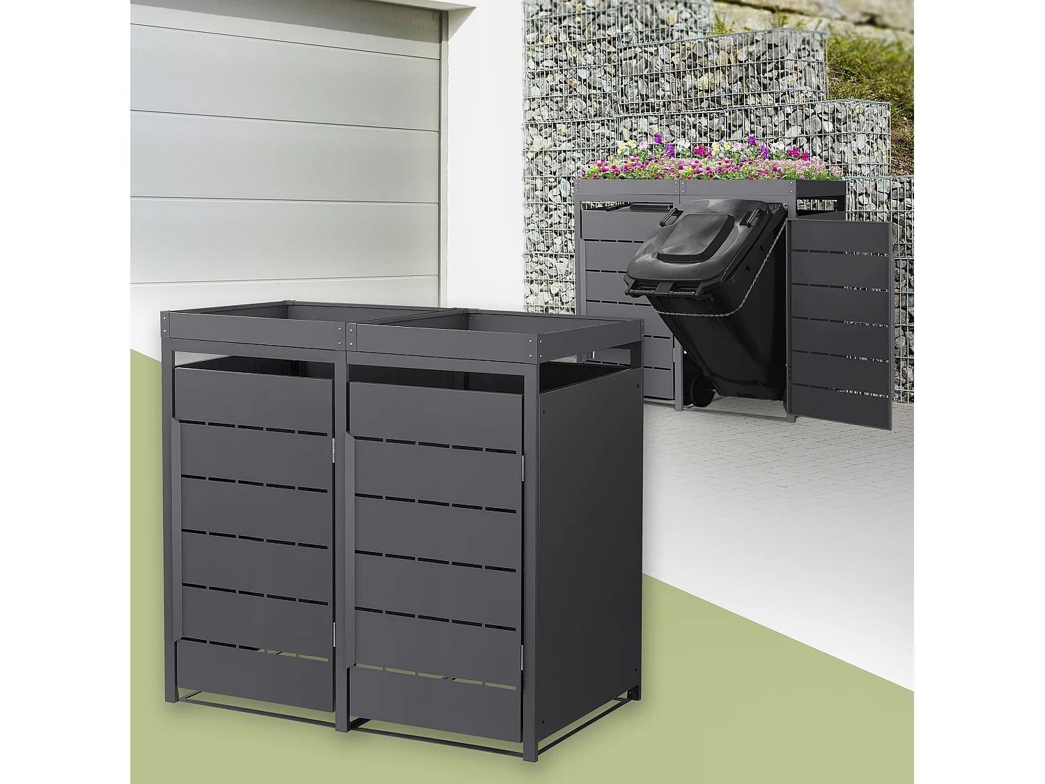 ML-Design Copribidone spazzatura per 2 bidoni 240L acciaio antracite con porta e tetto a fioriera, pattumiera da esterno resistente alle intemperie