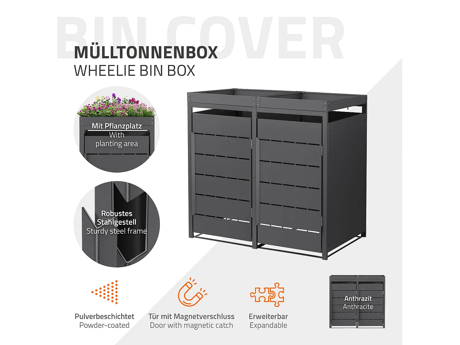 ML-Design Copribidone spazzatura per 2 bidoni 240L acciaio antracite con porta e tetto a fioriera, pattumiera da esterno resistente alle intemperie