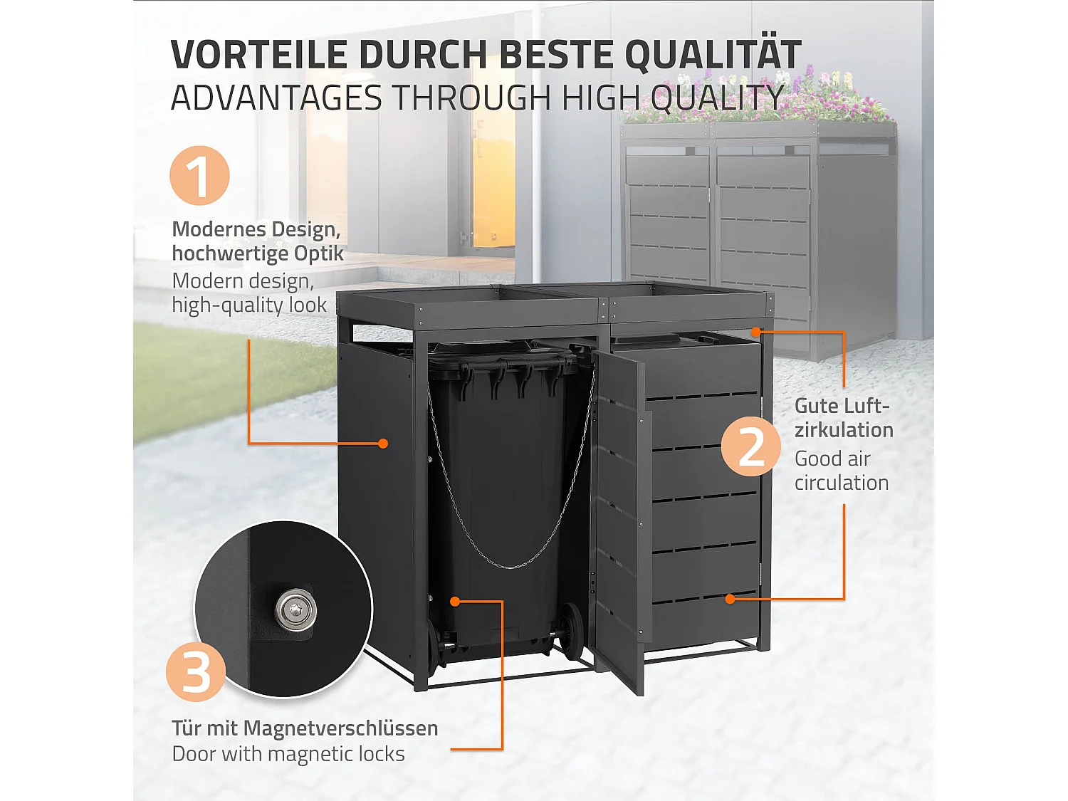 ML-Design Copribidone spazzatura per 2 bidoni 240L acciaio antracite con porta e tetto a fioriera, pattumiera da esterno resistente alle intemperie